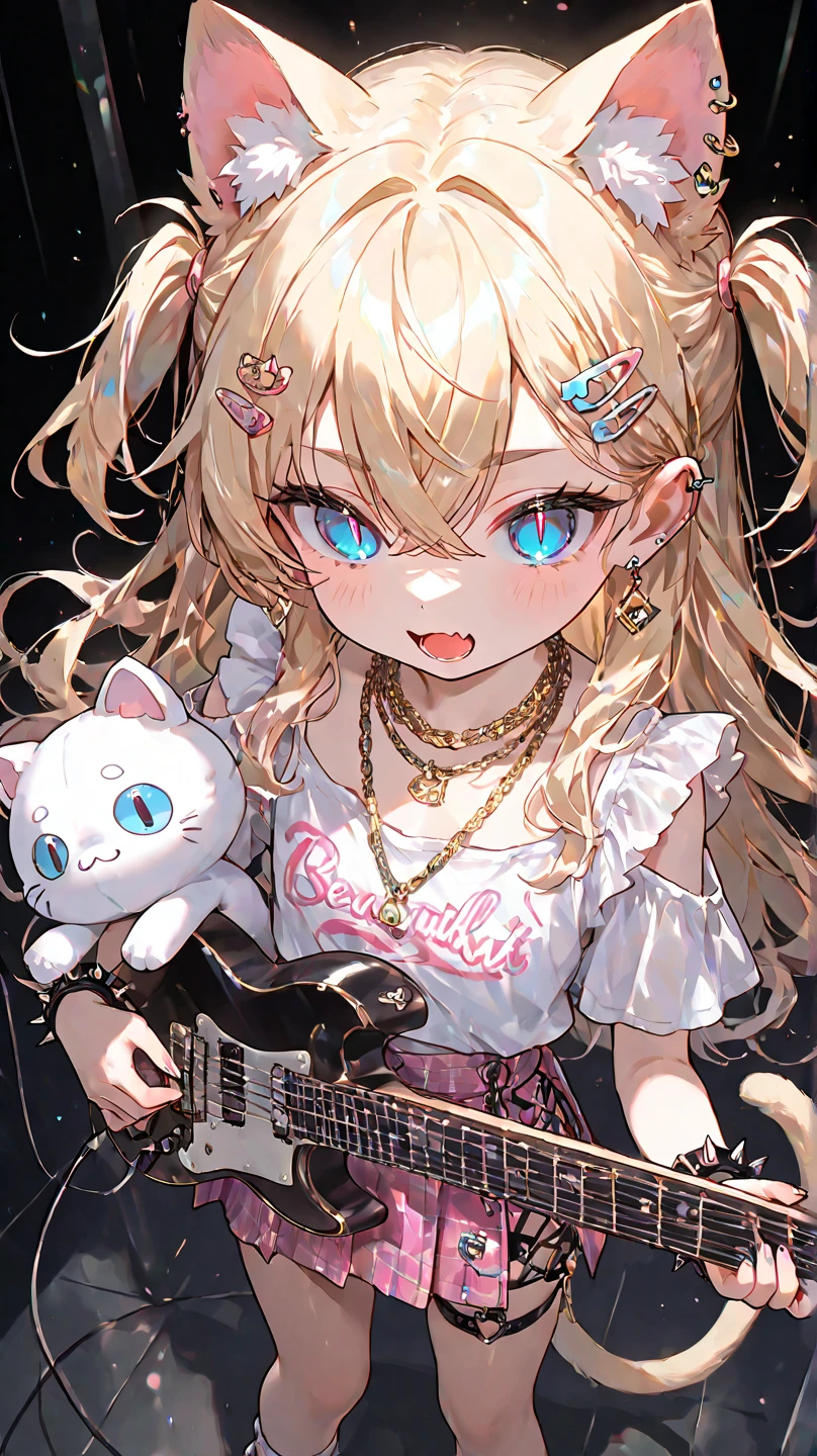 solo,1girl\((chibi:1.3), young, (slit pupils), (blue pupils), (Beautiful detailed eye:1.6),Open mouth, skin fang, Gold Hair, Long Hair, two side up, Crossed bangs, Cat-ears, cat-tail, Earrings,Hair Clip,necklace, wrist spike、hard Punk fashion, short skirt,holding cute electric guitar with stuffed toy strapped\), from above, dynamic angle, at live stage. masterpiece, best quality,motion blur