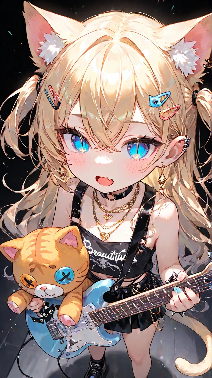 solo,1girl\((chibi:1.3), young, (slit pupils), (blue pupils), (Beautiful detailed eye:1.6),Open mouth, skin fang, Gold Hair, Long Hair, two side up, Crossed bangs, Cat-ears, cat-tail, Earrings,Hair Clip,necklace, wrist spike、hard Punk fashion, short skirt,holding cute electric guitar with stuffed toy strapped\), from above, dynamic angle, at live stage. masterpiece, best quality,motion blur