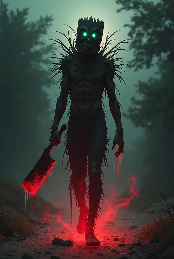 (raw photo, best quality) , (Realistic, photo-realistic: 1.4), extremely formidable overall plan, masterpiece, ultra-detailed, high resolution, best illustration, best shadow, complex, depth of field, grand plan, horror, 1 man alone, scary, he is very thin, he has a pale chin, is wearing dreadlocks, his eyes are red and crazy (mad look) (very bright red), he has sharp teeth, is face is scary, skinny and hollow, his body and face are covered with tattoos (covered with satanic tattoos), he has several scars (wounds) on his body, he wears ripped pants up to the knees and repecked (very torn) (torn up to the knees), He holds firmly two knives bloody (blood) in both hands, it has a scary gait, it is in a forest, gloomy atmosphere, night, night, volumetric fog, photorealist style 8k, DSLR, high quality, (grain of the film: 1.4), Fujifilm XT3,