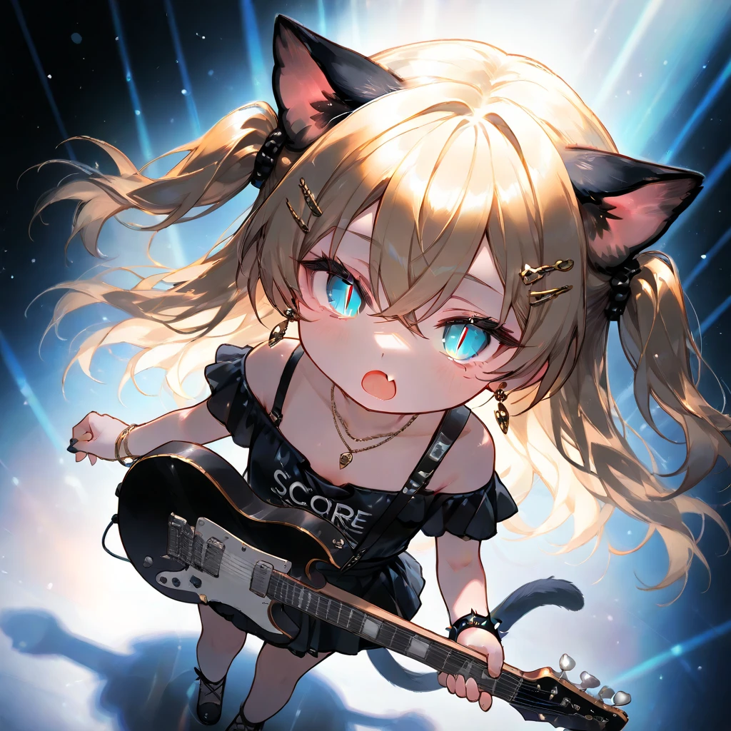 solo,1girl\((chibi:1.3), young, (slit pupils), (blue pupils), (Beautiful detailed eye:1.6),Open mouth, skin fang, Gold Hair, Long Hair, two side up, Crossed bangs, Cat-ears, cat-tail, Earrings,Hair Clip,necklace, wrist spike, hard Punk fashion, short skirt,holding cute electric guitar with stuffed toy strapped\), from above, dynamic angle, at live stage. masterpiece, best quality,motion blur