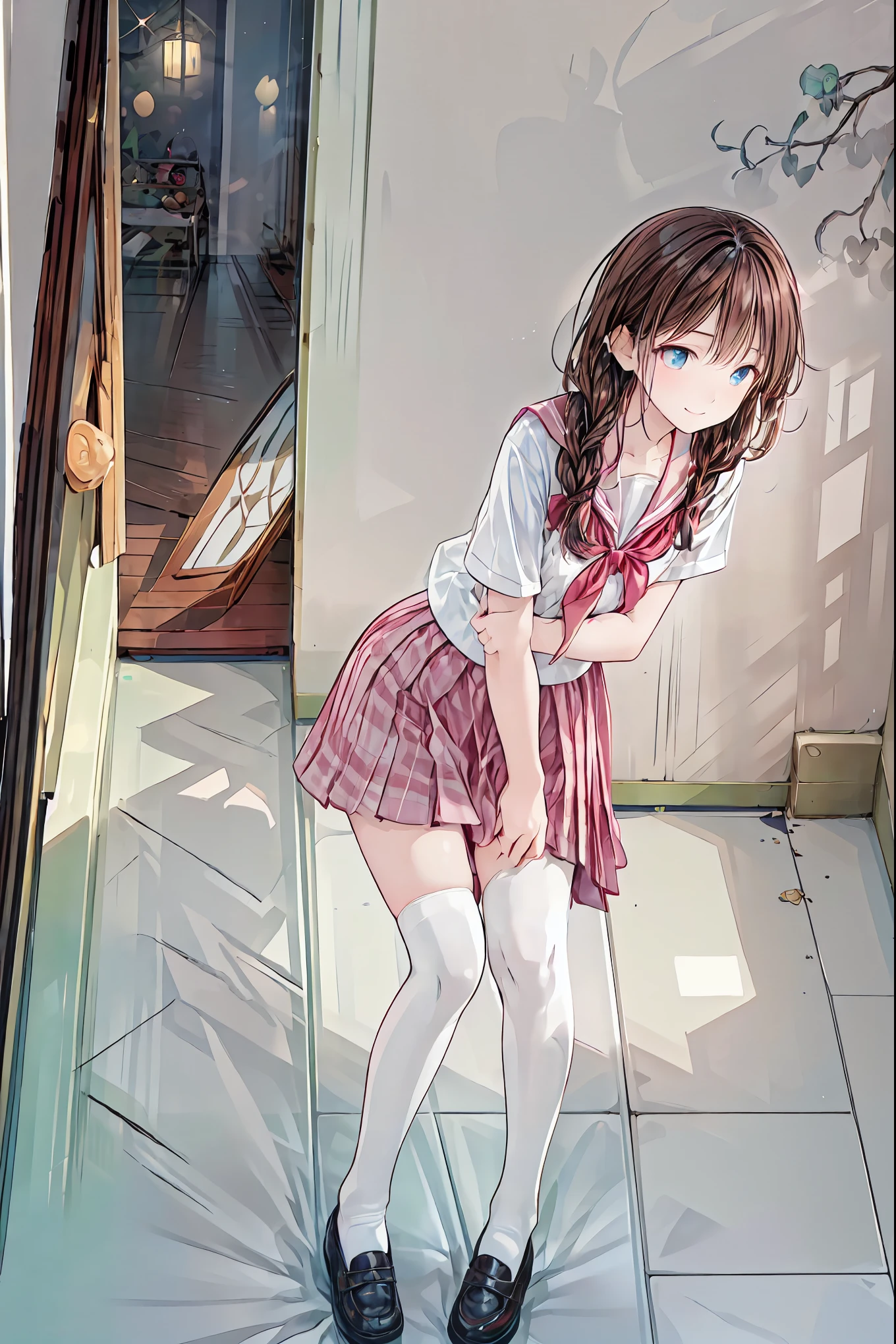 (( Top Quality )), ( very detailed), ( High Leg Cut ), 高いly detailed, high resolution raw color photo , professional photoshoot , Deep rim , brown hair, shortcuts, messy hair, slender beauty ,hole々Positive Attitude, small breasts, Beautiful Legs, Her enchanting gray-blue eyes shine like stars..,(masterpiece:2.0), ( Top Quality :2.0), (Side View:1.5), ( sexy pose:1.5), ( red face:1.3), ( realistic:1.5), 1 , Precision small handle, embarrassing expression , smile, Very nice girl, innocent face, Young Face, Clear Eyes, 輝く瞳, Small box, Beautiful skin, super resolution , Highest Resolution , Japanese High School Student , blazer uniform, (( the above:1.2)), brown hair, shortcuts, tousled hair , short braided hair,Neat, beautiful slender woman ,Correct posture, small breasts, Beautiful Legs, Seductive Gray-Blue Eyes Shine Like Stars,Droopy eyes, brightly colored , beautiful eyes,繊細なsmile, Textured Skin, BEST QUALITY BEST , A Parody of a Gentle and Beautiful Woman , anime style 、