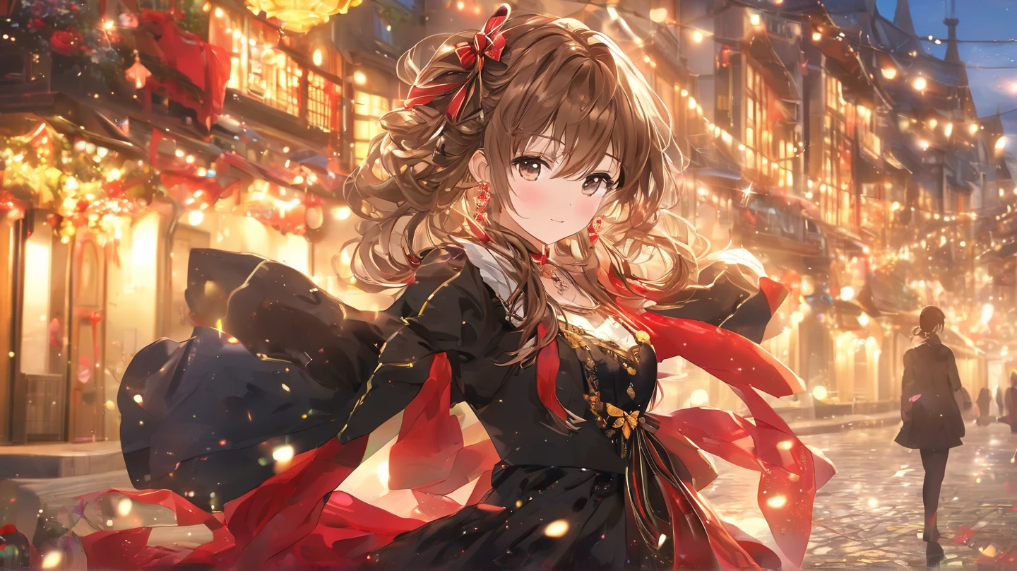 ((8k, highest quality, masterpiece: 1.3)), ultra high resolution, (1 girl, alone), (color changing eyes, super detailed, expressive sparkle, glittering, glowing eyes), highly detailed eyes, highly detailed face, medium long hair, big red ribbons on both sides of the hair, ((hair color, brown)), lovely smile with upturned corners of mouth, black cheongsam, open chest revealing cleavage, front angle, composition with upper body fitting into illustration,