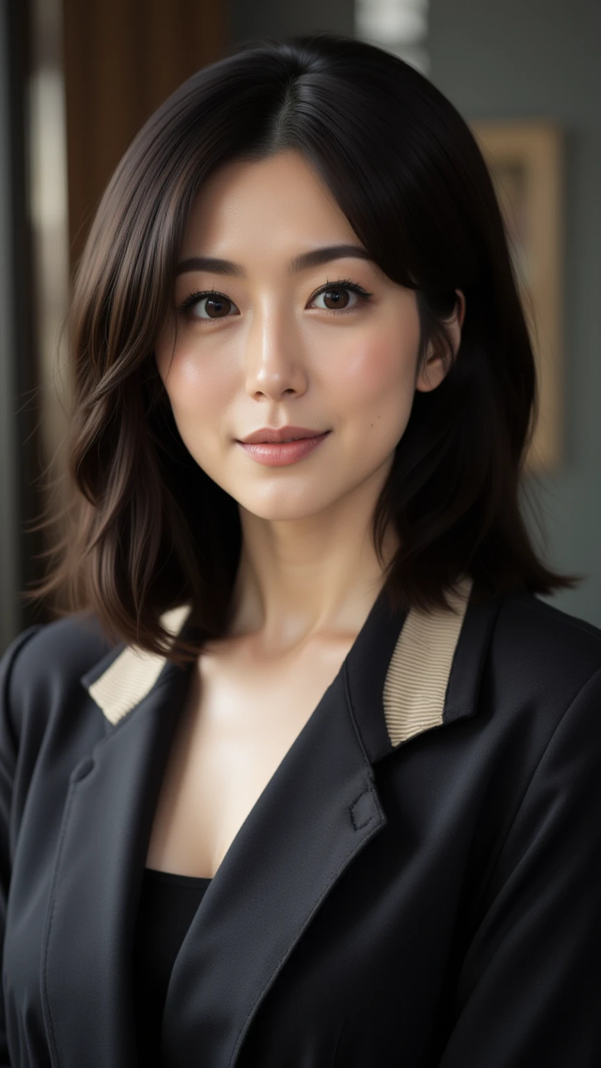 
UHD, 16k, Masterpiece, top quality, global-illumination, ultra-realistic, Korean middle-aged woman  ((  Shoulder-length black hair, slightly wavy bob, white skin, dark eyes, black blazer with beige collar, black crop top pleasant expression, a little smile, focused on women, light soft and even, makeup feels subtle and natural, ophisticated and confident ))  ( surrealist background  )