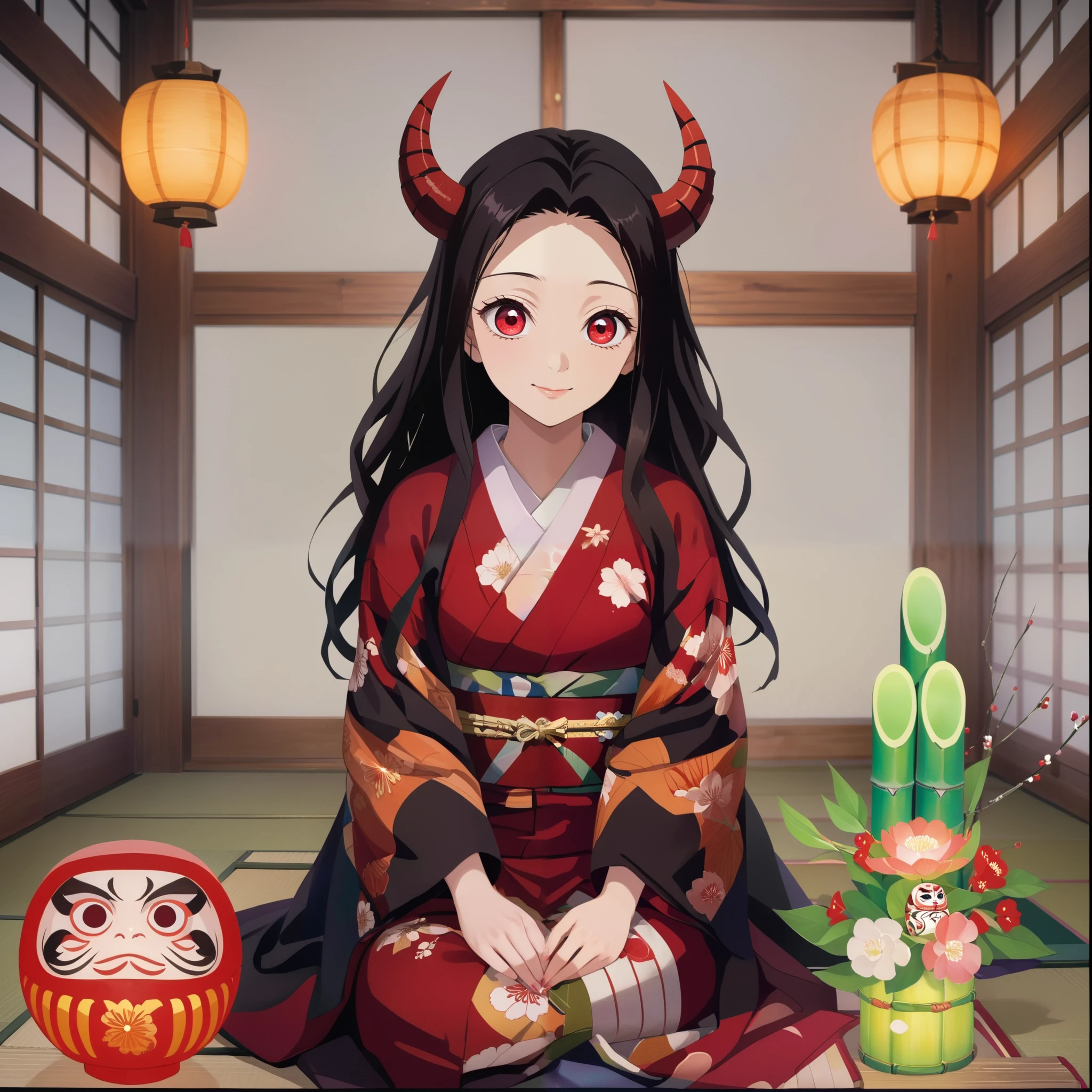 score_9, score_8_up, score_7_up, (Demon Slayer, Kimetsu no yaiba style), (nezuko kamado), (1girl, solo), 20years old, black long hair, (red demon horns, red eyes), kimono, smile, (sitting straight, SEIZA), Japanese old style room, BREAK (Japanese new year event ornament, (Japanese DARUMA doll:1.1), (Japanese bamboo ornament, Kadomatsu, cut bamboo:1.1))