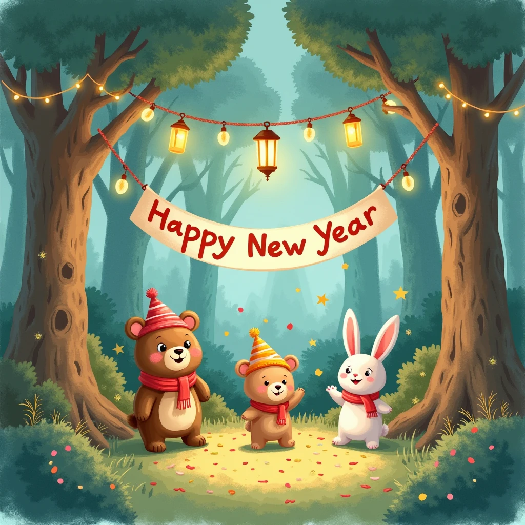 A pastel-colored, watercolor-style illustration of a cheerful New Year’s party taking place in a magical nighttime forest. The scene features bears and rabbits joyfully celebrating beneath a “Happy New Year” banner strung between two trees. The animals are dressed in festive attire, such as hats and scarves, and are surrounded by glowing lanterns, string lights, and decorated trees. The forest floor is covered with soft moss and scattered confetti, creating a cozy and whimsical atmosphere. The brushstrokes are delicate and fluid, blending muted greens, soft blues, and pastel yellows to enhance the enchanting, celebratory mood, (watercolor style, pastel colors, nighttime forest, New Year’s party, bears, rabbits, “Happy New Year” banner, festive attire, glowing lanterns, string lights, decorated trees, soft moss, confetti, cheerful, whimsical, muted greens, soft blues, pastel yellows, delicate brushstrokes)