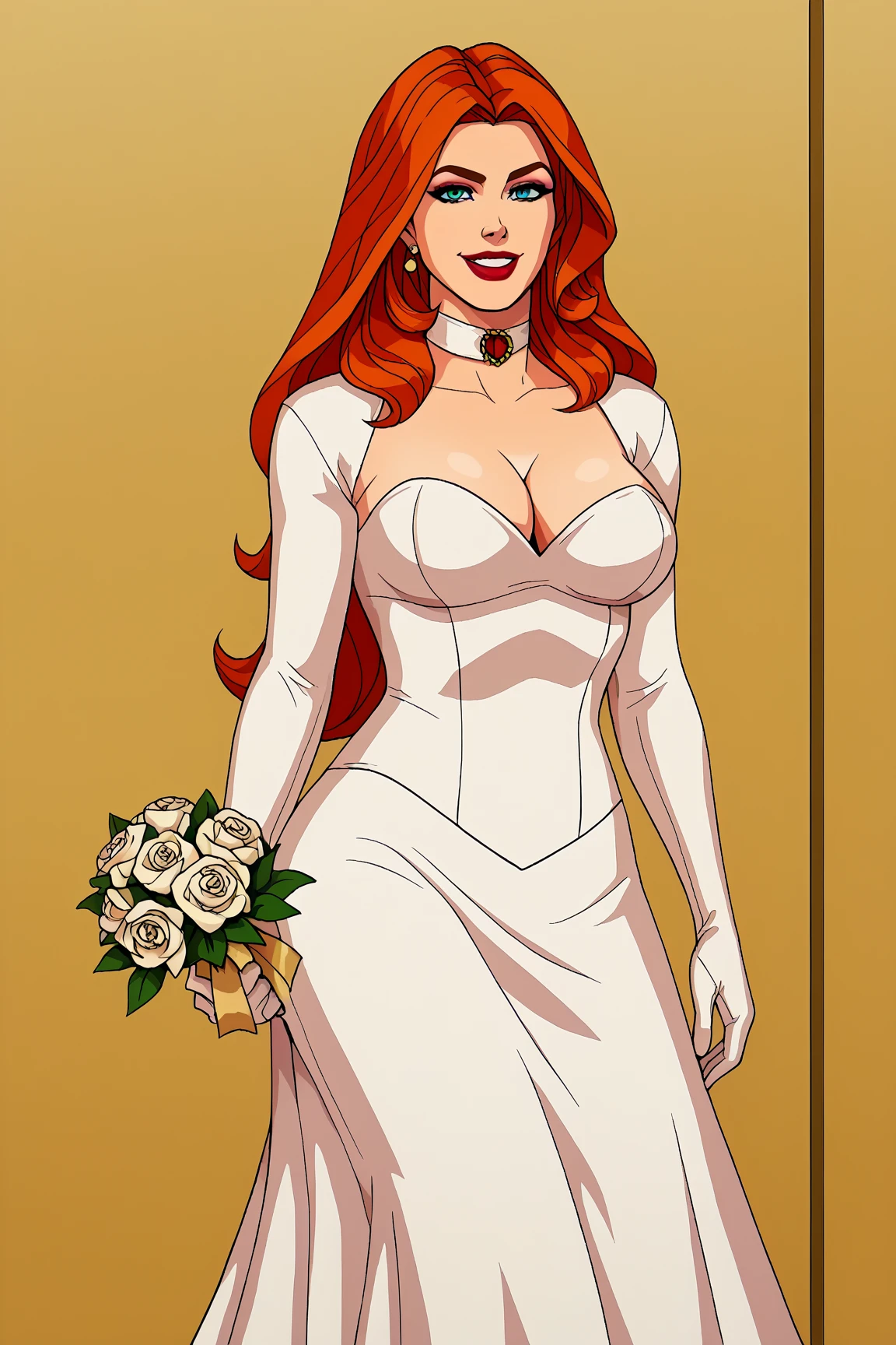 Jessica Rabbit, (front view), green eyes, long orange hair, (wearing a white wedding dress with a side cut), cleavage, (white seeve gloves), sexy curves, big head, (solo), (standing), (holding a bouquet of flowers), (smiling), (blushing), (seductive expression), (seductive pose), (church background)