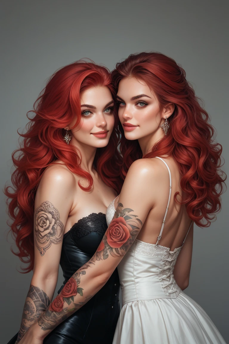  A work of art highly detailed in the Luis Royo-style fantasy genre that uses digital painting techniques.  It presents a complete view of the bodies of two women with long and flowing red hair that covers their good sti .  Their slender physique is entirely covered only by tattoos that highlight their fair skin .  Their expression is intense , with a light smile .  The two women stand back to each other .  The textures are finely detailed ,  from the smoothness of the skin to the softness of the hair .  The work combines elements of fantasy and Gothic styles ,  with a focus on intricate details and a sense of depth and movement .