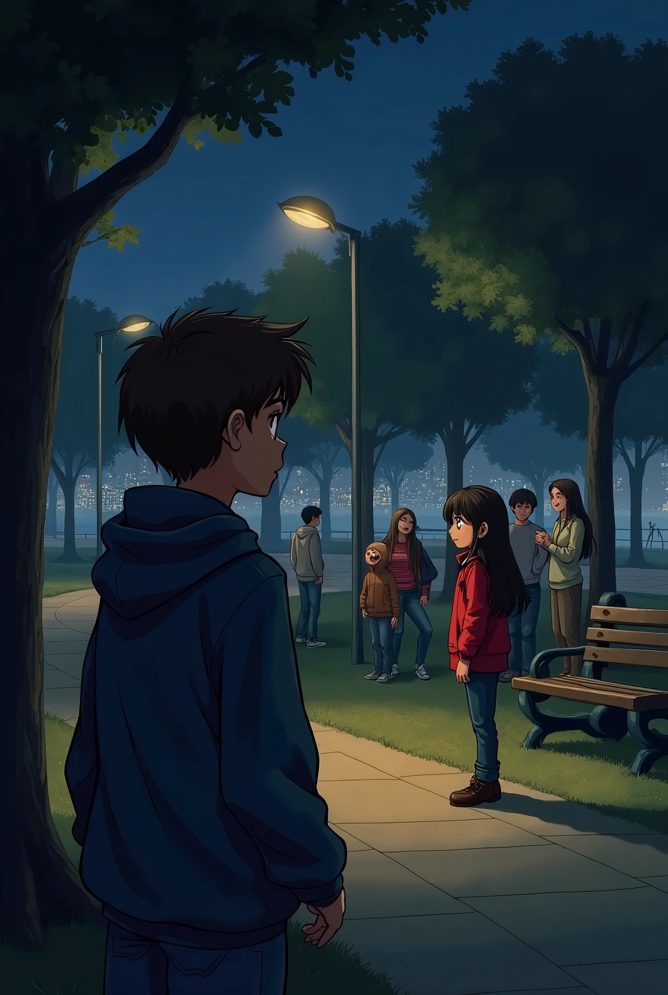 three young people in their twenties are in a green field, the bright sunny day, the view is seen from a medium distance and at a high right side angle, they are looking at the ground. They are in a diagonal line to the ground.. The first person is placed further to the left., frente a 3/4 in front and are crouched hugging their knees with their left hand extended. The next person in the middle is a young man., es alto y tiene la cabeza inclinada, sus hombros se hunden, Se ve triste. y la tercera persona, a tall girl is standing behind the young man with her body slightly leaning towards him at 3/4 almost from behind, she is putting a hand on his shoulder and looks worried