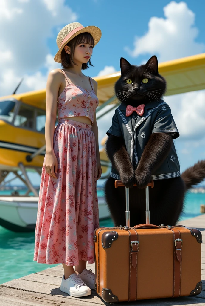 ultra-realistic, photorealistic, dramatic scene, shadow, global-illumination, solo, 1 girl\( 20 years old Japanese beautiful girl, beautiful with cute face, wearing a cute patterned one-piece dress with long skirt, pastel camisole, shoulder-length brown hair, accessories, simple sneaker, elegant hat\), 1 human-like giant black cat\( human-like giant black cat, bow tie, wearing a conservative aloha-shirt, slight taller than the girl, with her, wearing an dark colored aloha-shirt, holding a large suits case, little chubby\), the girl and human-like giant black cat are standing at the private flying boat port, (there is a flying boat with single propeller and equipped wing-mounted floats taking off from the sea), monoplane