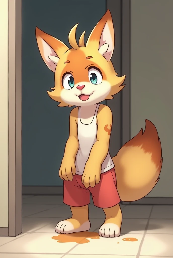 masterpiece, best quality, Perfect anatomical structure, Solitary, deer , Delicate face, Rude face, Detailed body, whole body, 5 fingers, Detailed hands, Green Eyes, Delicate eyes, Raise your eyebrows, short hair, Brown fur, 2 arms,Upturned butt , 男士underwear, underwear, Patch Riggs,((Boy,shota)),boy,Pino Deheny, Carney announced, milkytiger1145,