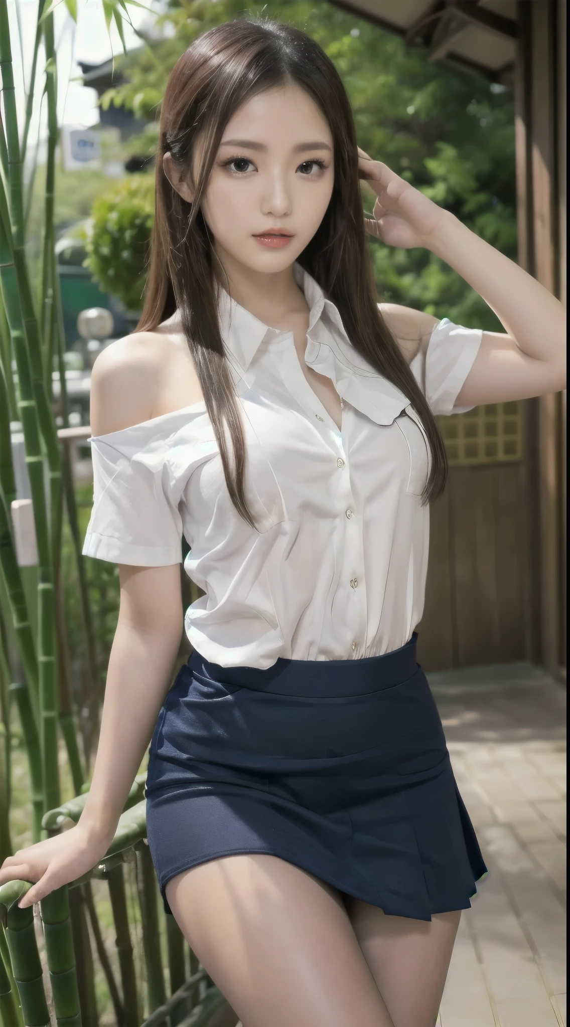 ( stand Pose:2.0), (Stretch your legs:2.0), (Height 2/3 is foot:2.0), Thin and Beautiful Legs, loafers, elegant face, red lips, Natural wavy hair, slender figure, thin waist, beautiful hands, Narrow shoulders, One Girl, hair over shoulder, long hair, slender figure, Ultra Fine Face, beautiful eyes, Very thin fingers, white shirt, (Red stingtie), ( blue pleated skirt : 2.0), bamboo forest, high school student, beautiful eye with attention to detail, Beautiful Nose, Beautiful Detailed Lips, has long eyelashes, Thin face, anatomically correct, 8k, 4K