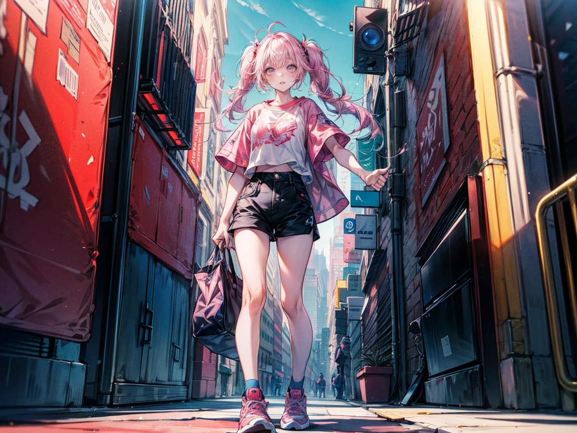 Full body view, woman standing confidently, 8K resolution, high detail, around 20 years old, (one female:1.5), vibrant-colored hair, twin tails, straight eyebrows, sanpaku eyes, upturned eyes, vivid pink irises, simple outfit, unique t-shirt, black shorts, sneakers, big city:1.0, buildings, bright blue sky, vivid color, ((UHD, masterpiece, super detail, best quality, highres, 8k)), (detailed line art), {perfect face, perfect body, perfect hands, perfect feet}