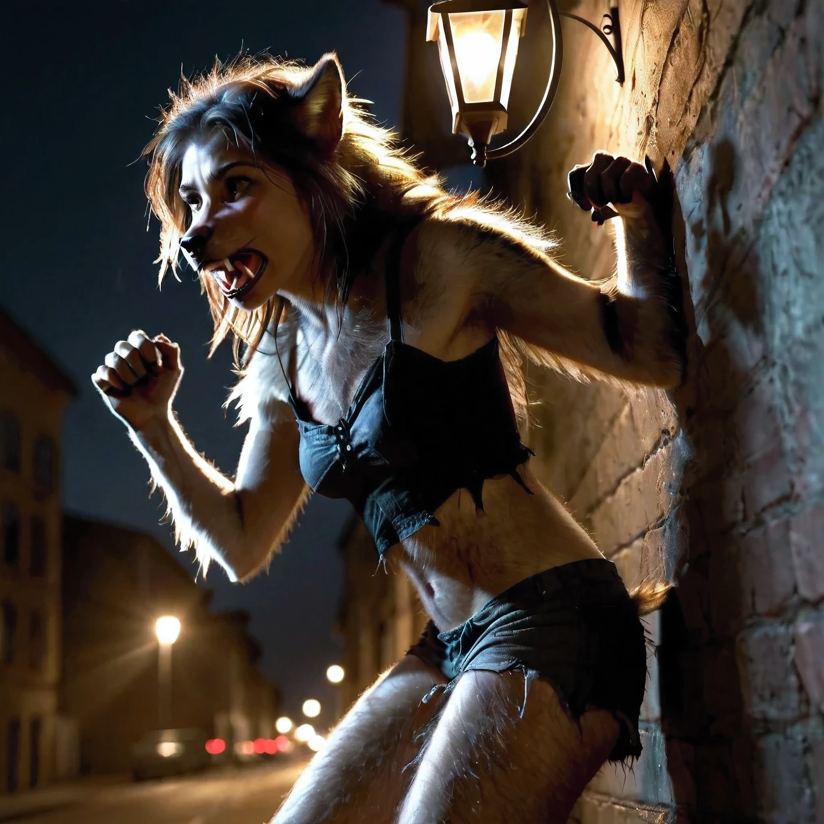 Woman, human, single, werewolf transformation, fangs, detailed fur, fur spread, scattering fur, ,wolf nose, claws, female morfing into werewolf, against a wall, [human skin: fur:0.5], [human hands: paw:0.3], [human feet: paw:0.7], spot light, street lantern, wolf face, tail, (on corner, street, deep details, torn clothes, deep night, deep shades, 4k, ultra realistic, raw, 8k, photo)