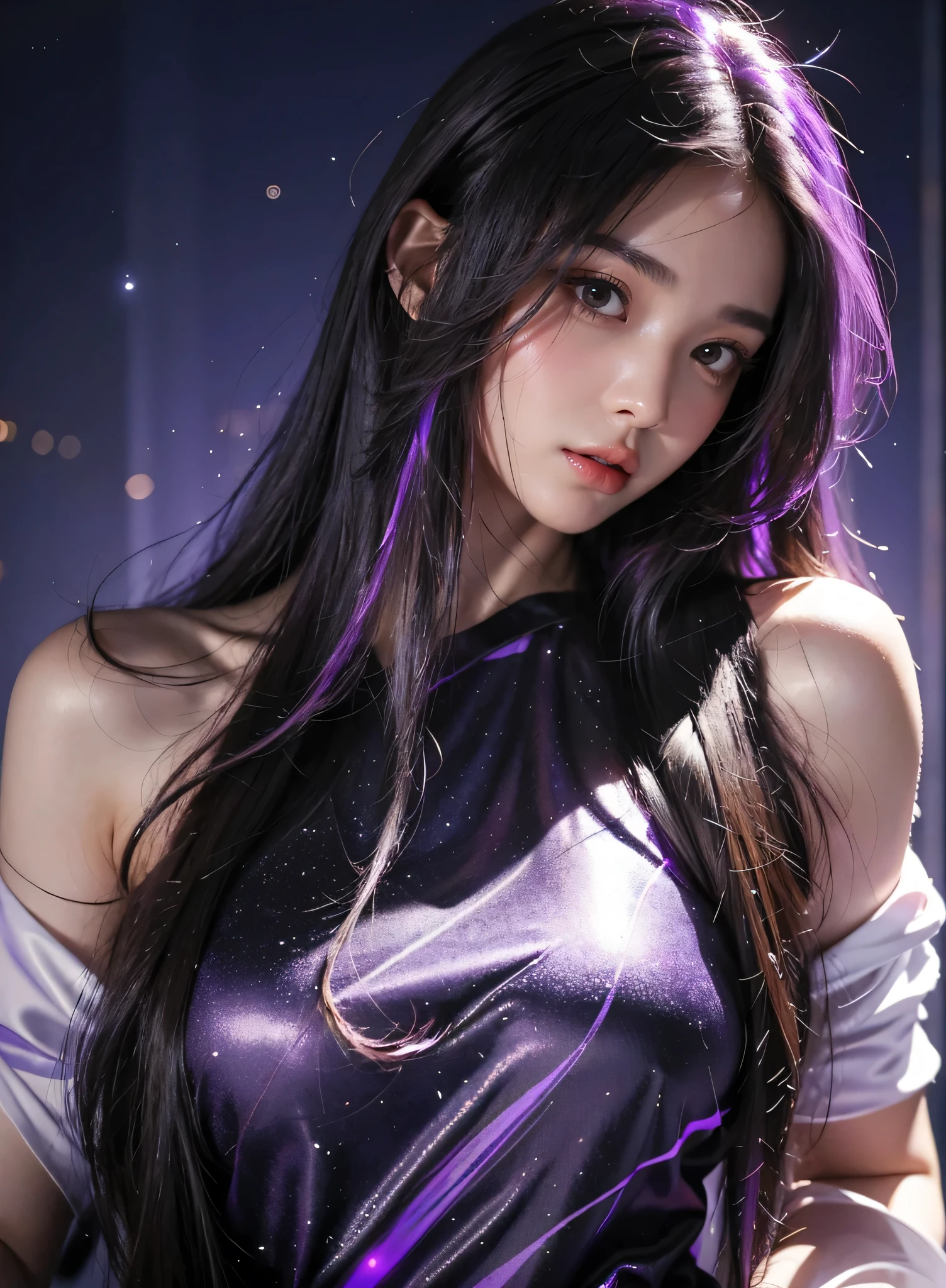 masterpiece, best quality,highres, 1girl, stars in the eyes, purple long hair, Starry sky adorns hair, (((glistening light))), (Luminous), detailed shadow, meteor,fanxing, techwear, bare shoulders, upper body