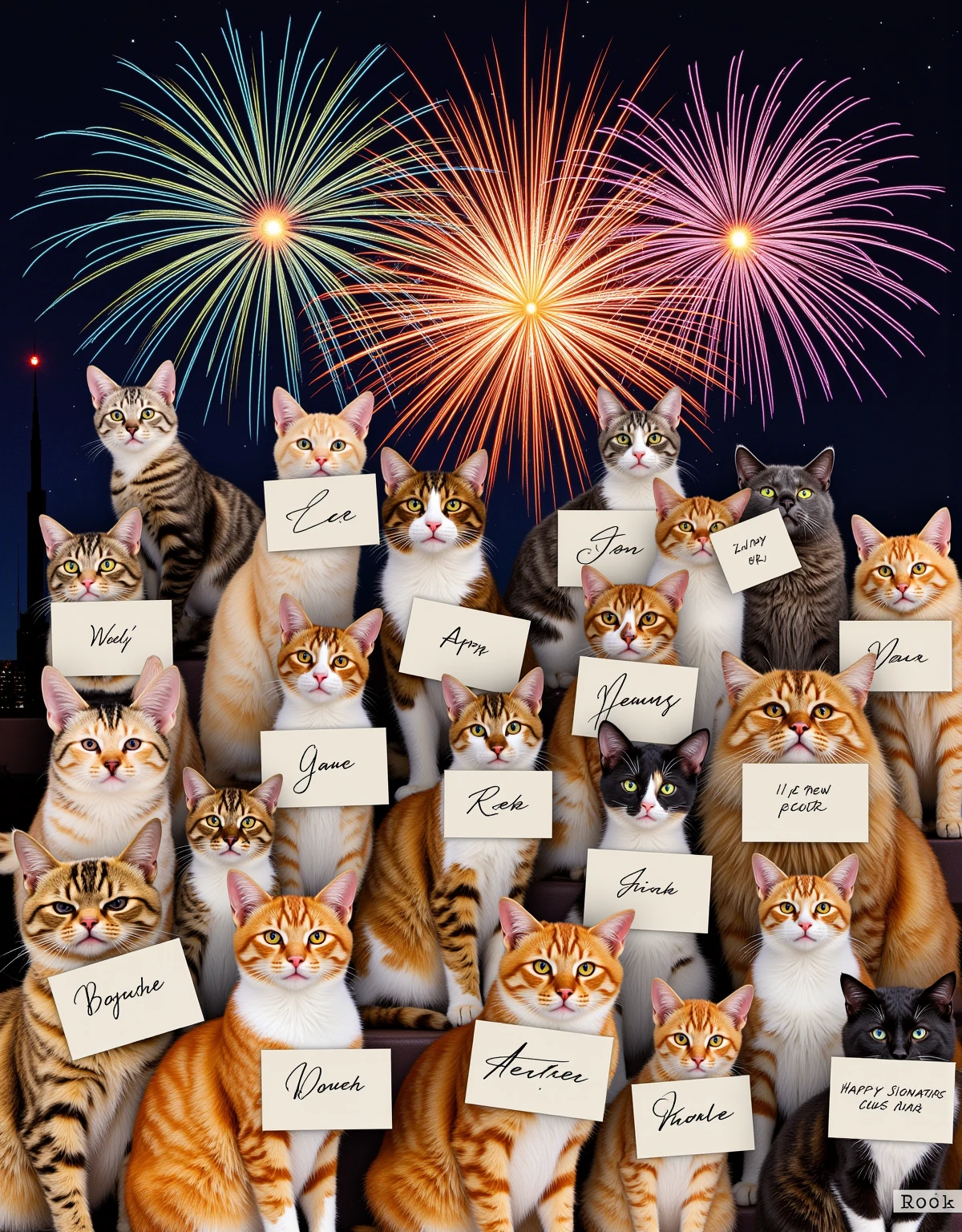 12 cats of many breeds with signature cards; signature card with only one letter written on it; 12 cats of many breeds with signature cards; 12 cats of many breeds with signature cards; 12 cats of many breeds with signature cards. When read in order, they read text:"HappyNewYear". Colourful fireworks in the night sky.