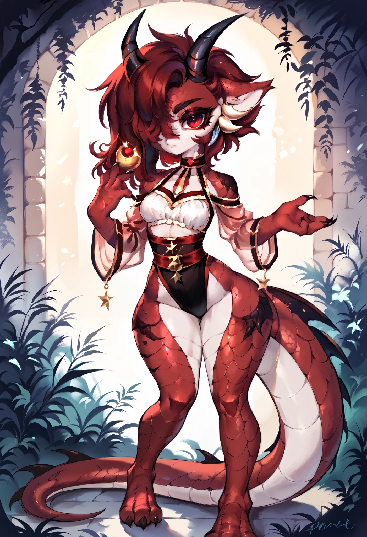 a cute lizard in an anthropomorphic anime art style, wide hips, curvy, sexy pose, cheerful expression, intricate detailed scales, adorable facial features, digital painting, 8k, highly detailed, soft lighting, score_9,score_8_up,score_7_up,score_6_up,1girl, best quality, solo, long hair, hair over one eye, looking at viewer, claws, horns, closed mouth, red eyes
