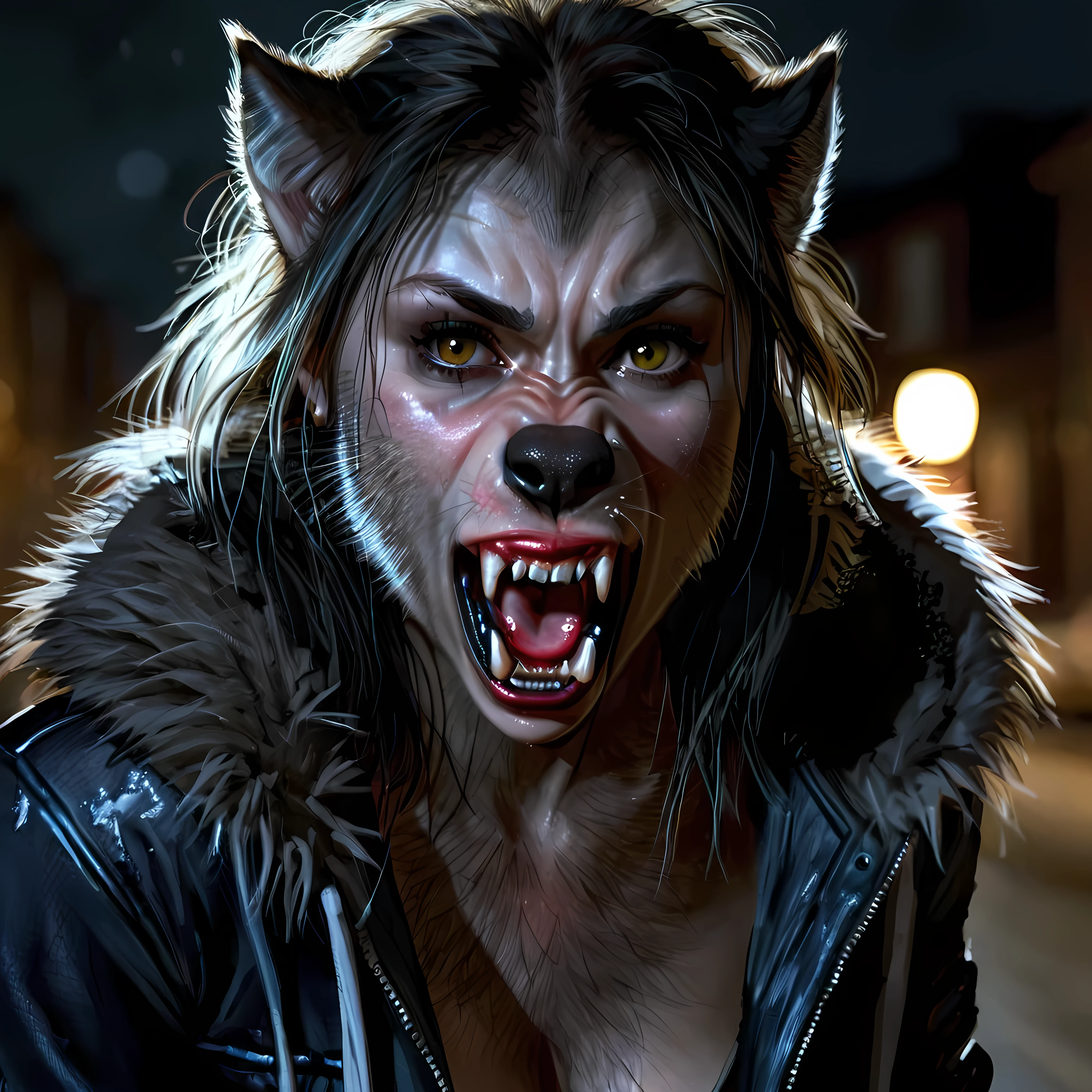 Portrait:1.1, Woman, human, single, werewolf transformation, fangs, detailed fur, fur spread, scattering fur,wolf nose, female morfing into werewolf, [human skin: fur:0.5], wolf face, (street, deep details, torn clothes, deep night, deep shades, 4k, ultra realistic, raw, 8k, photo) 