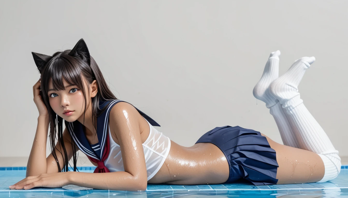  1 Japanese elementary school student wearing a wet uniform、masterpiece 、  top quality  、 Super high resolution、 realistic、 beautiful lighting arranged in an orderly manner、  RAW photos 、4K Ultra HD、  super detailed face、Clear Face、Detailed eye、 beautiful eyes、1080P、 Silver Hair 、 horny 、Japanese elementary school girl in wet uniform 、 cute expression 、cat ears、 white gloves、(((Large amounts of  on the buttocks 、 taut chest)))、(((Wet school uniform、 uniform worn by a wet Japanese elementary school girl 、  navy sailor color 、No shirt、 wet pleated skirt 、wet school swimsuit、loose high socks )))、(( rear view、Inside a small pool 、prone bone、 semi-long skirtクローズアップ))、(( underboob))、( Perfect Anatomy)、 break ((Upper eyelid)),Stretching legs、Elementary school uniform 、 semi-long skirt、Japanese female elementary school students wearing school swimsuits  ,  thin beautiful thighs 、 beautifully manicured hair 、 oily skin 