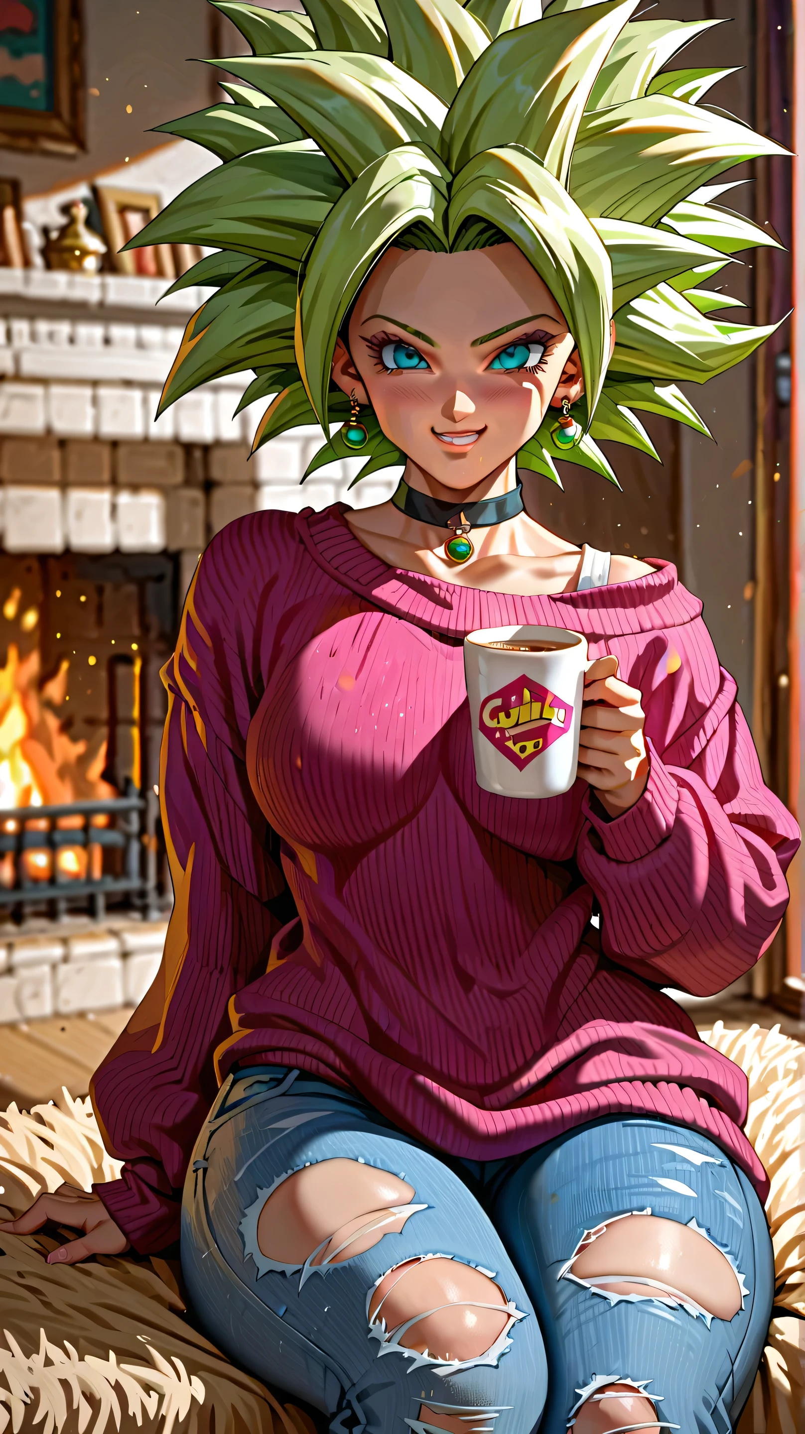Masterpiece, kefla from dragon ball super ( face expression), (wearing oversized sweater, ripped jeans, choker, collar), thick thighs, wide , alone, no wolves, comics, fantasy, sfw, onis, sitting, holding a cup, house fireplace background