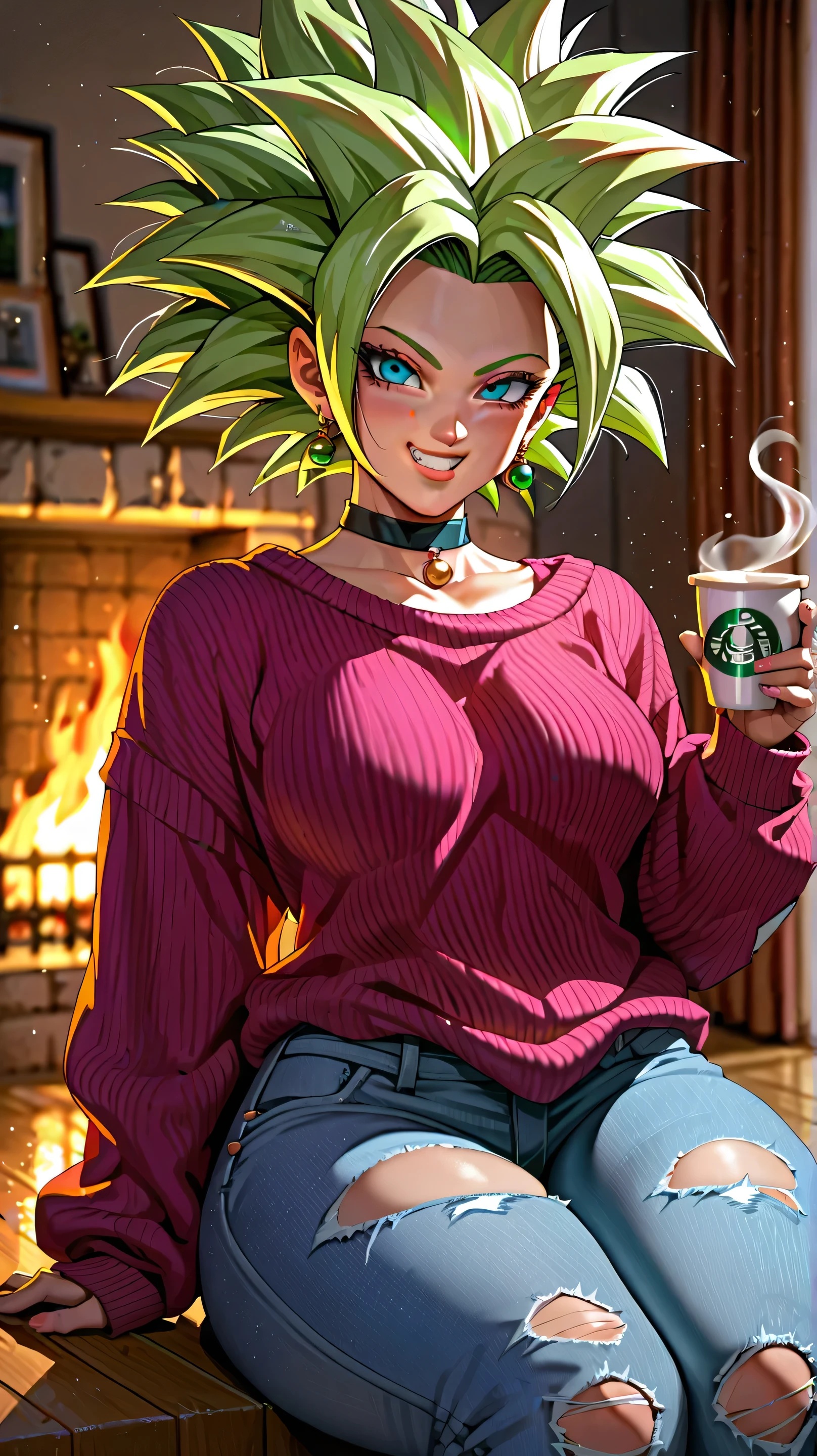 Masterpiece, kefla from dragon ball super ( face expression), (wearing oversized sweater, ripped jeans, choker, collar), thick thighs, wide , alone, no wolves, comics, fantasy, sfw, onis, sitting, holding a cup, house fireplace background