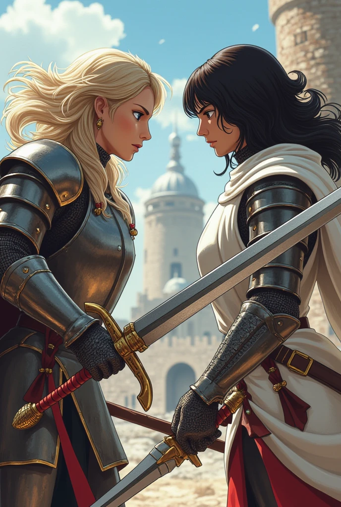 the person on the right: An arabian female knight, light brown eyes, black choppy curly bangs hairstyles, menacing face, amber color armor adorned with jewelry, sword-swinging pose, white robes, conquered fortress background.

the person on the left: An british female knight, light blue eyes, blonde Face-Framing Waves hairstyles, menacing face, blue color armor adorned with jewelry, sword-swinging pose, white robes, conquered fortress background.

drew their swords at each other.