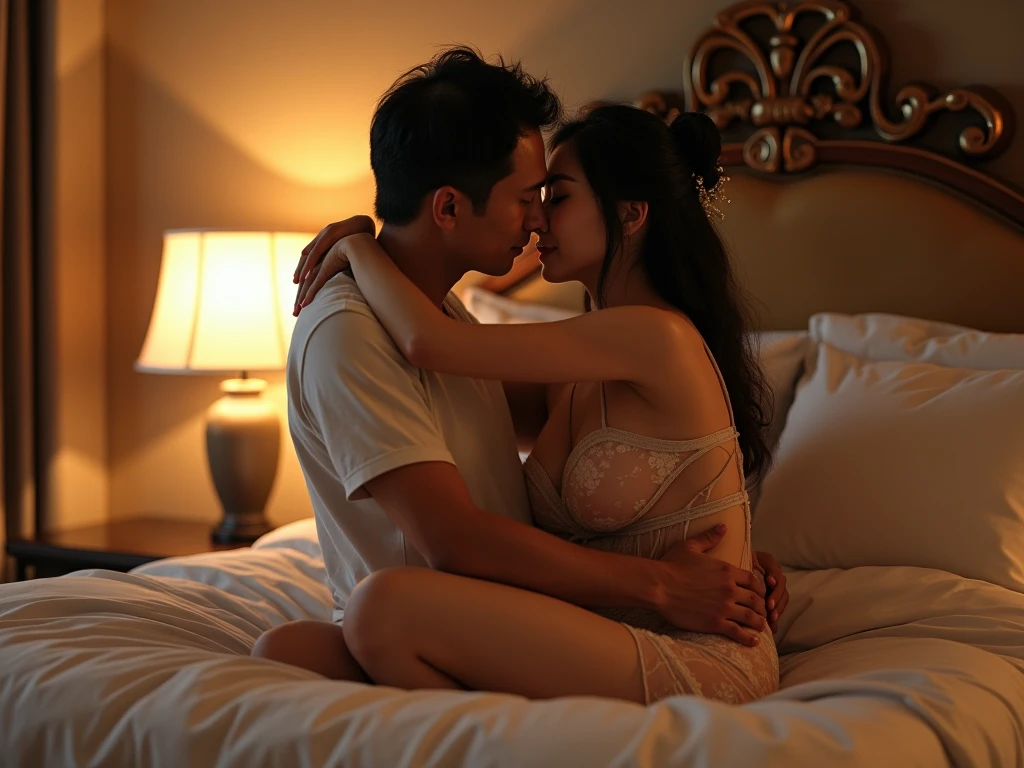 A candle-lit bedroom with a large bed covered in silk sheets, Evelyn Chen, a striking woman in her late 30s, is lying on the bed in an elegant black nightgown, her hair cascading over the pillows. Alex Tanaka, a young and handsome 1, is lying beside her, his hand gently tracing the curve of her waist. They are gazing into each other's eyes, their faces close, about to share a passionate kiss. The warm glow of the candles creates a soft, romantic ambiance, emphasizing the intimacy and connection between them. Hyper-detailed, soft lighting, romantic mood, 8K.