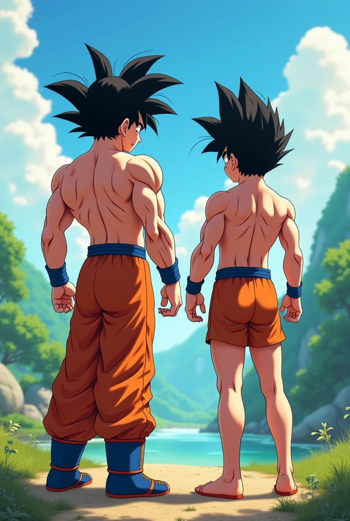 (Eine detaillierte Zeichnung von Son Goku, bodybuilding gym on the Beach.), shirtless, barefoot