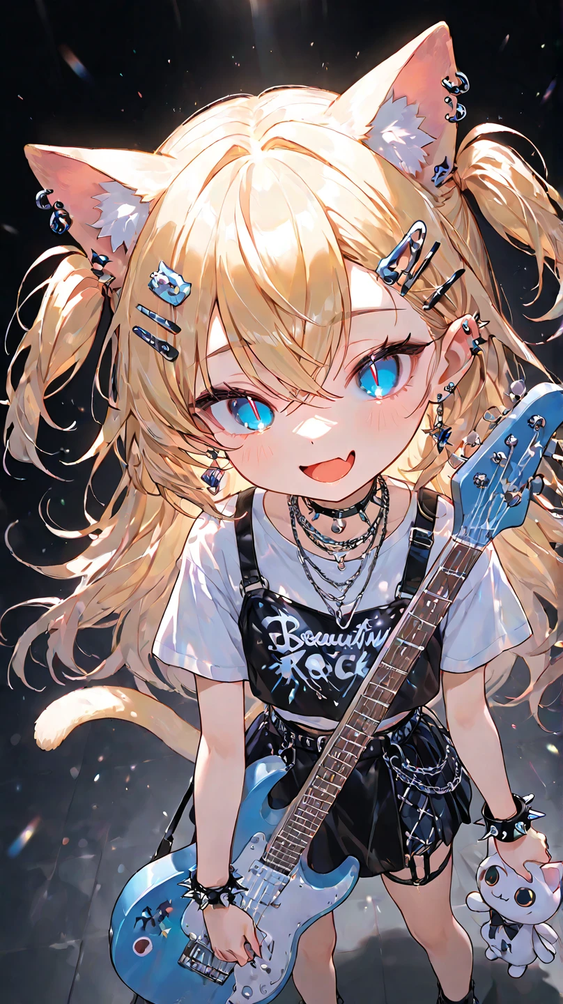 solo,1girl\((chibi:1.3), young, (slit pupils), (blue pupils), (Beautiful detailed eye:1.6),Open mouth big,smile, skin fang, Gold Hair, Long Hair, two side up, Crossed bangs, Cat-ears, cat-tail, Earrings,Hair Clip,necklace, wrist spike, (hard Punk rock fashion), short skirt,holding cute electric guitar with stuffed toy strapped\), from above, dynamic angle, at live stage. masterpiece, best quality,motion blur