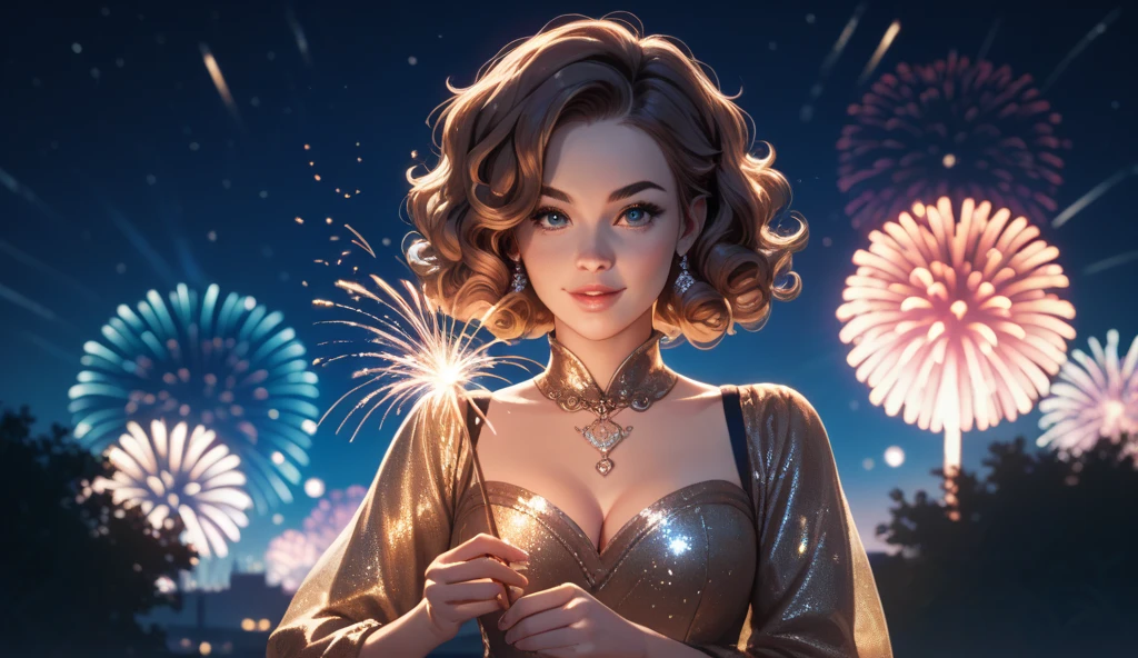  A ****-****-***  with curly brown hair, dressed in a sparkly New Year’s outfit, standing outside under a dark night sky filled with vibrant fireworks, holding a small sparkler in their hand.

