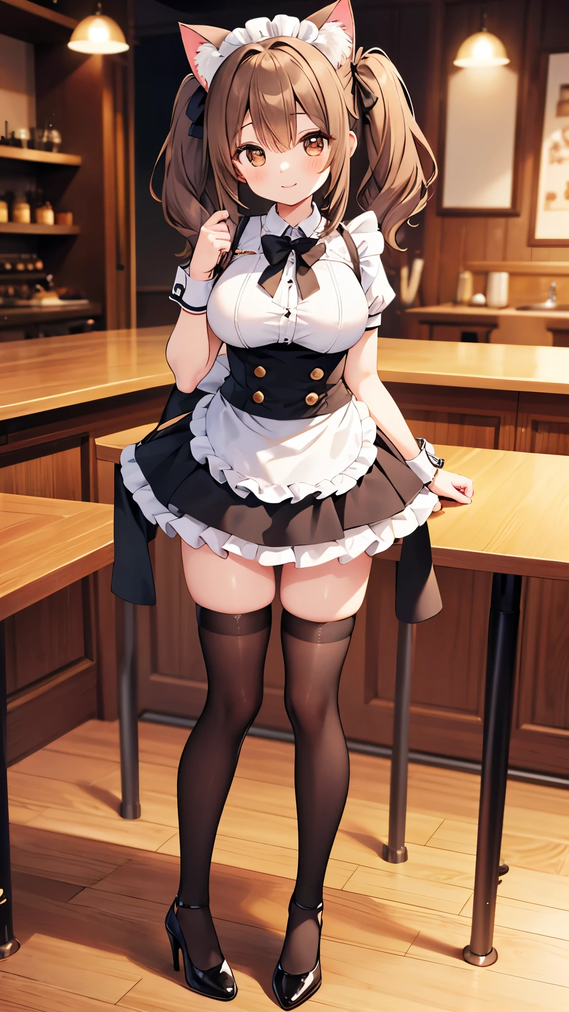 Solo Girl , solo boy ,, twin tails , light brown hair , brown eyes, Within the rise of the center , Top Quality , High Definition , very detailed, detailed background , perfect lighting 、Inside the maid cafe、 standing with different breasts ,I'm using an omelette , Put on the table , glossy lips , rabbit ear , detached color , strap leotard , Wrist Cuff , Black Knee High Socks 、 very cute,Big Breasted , Cute eyes from the right , eyes swollen ,smile,、cat,cat juice、 Brush、 embarrassing 、feet、black knee-highs、 Black High Heels 、 absolute domain 、 excited 、 skirt flip