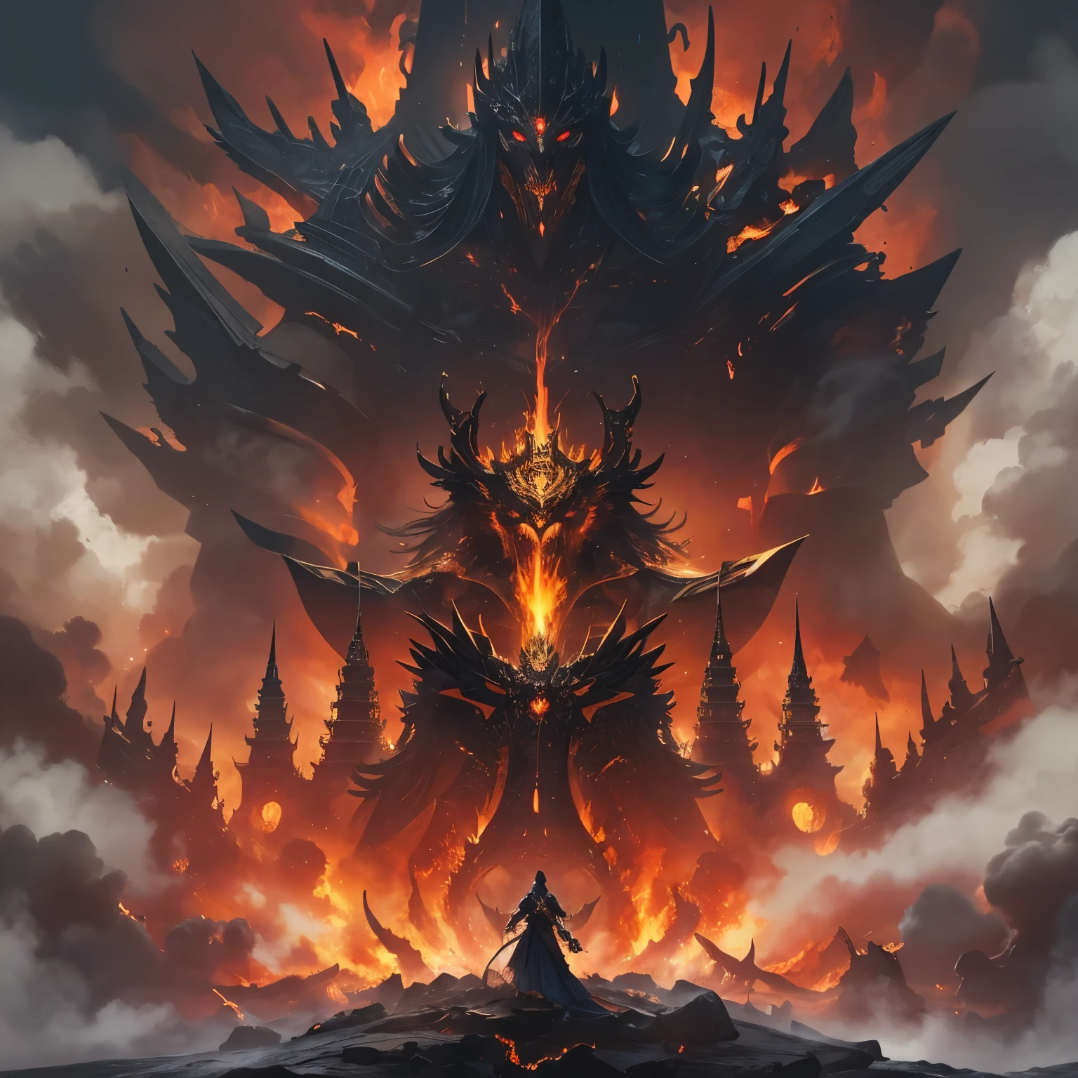 (by Jotun22, by Winslow Homer), concept art, gate, feral (diablo:1.25), horns, spike, sculpture, demon, glowing, throne room, tourch, foggy, pillar, lava, pentagram, fantasy, cliff, path
