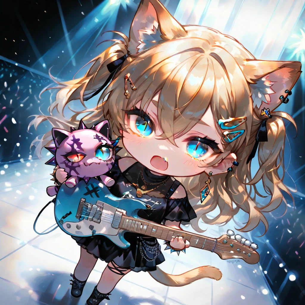 solo,1girl\((chibi:1.3), young, (slit pupils), (blue pupils), (Beautiful detailed eye:1.6),Open mouth, skin fang, Gold Hair, Long Hair, two side up, Crossed bangs, Cat-ears, cat-tail, Earrings,Hair Clip,necklace, wrist spike, (hard Punk fashion), short skirt,holding cute electric guitar with (stuffed toy strapped)\), dynamic angle, at live stage. masterpiece, best quality,motion blur, minimalism