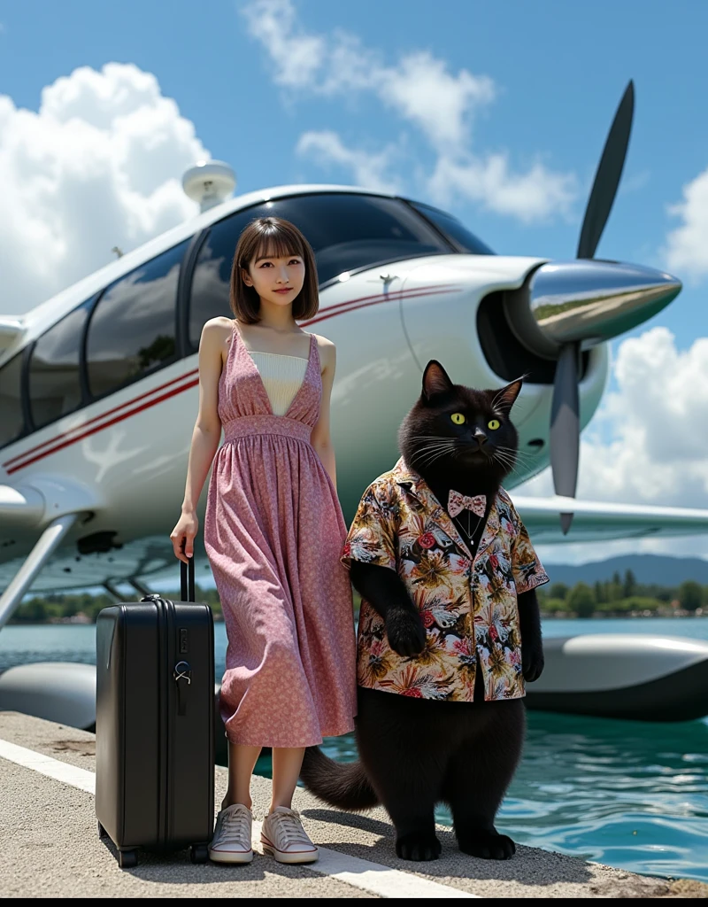 ultra-realistic, photorealistic, dramatic scene, shadow, global-illumination, solo, 1 girl\( 20 years old Japanese beautiful girl, beautiful with cute face, wearing a cute patterned one-piece dress with long skirt, pastel camisole, shoulder-length brown hair, accessories, simple sneaker, elegant hat\), 1 human-like giant black cat\( human-like giant black cat, bow tie, wearing a conservative aloha-shirt, slight taller than the girl, with her, wearing an dark colored aloha-shirt, holding a large suits case, little chubby\), the girl and human-like giant black cat are board the private flying boat moored at the private seaplane port, latest stylish flying boat with single propeller, monoplane