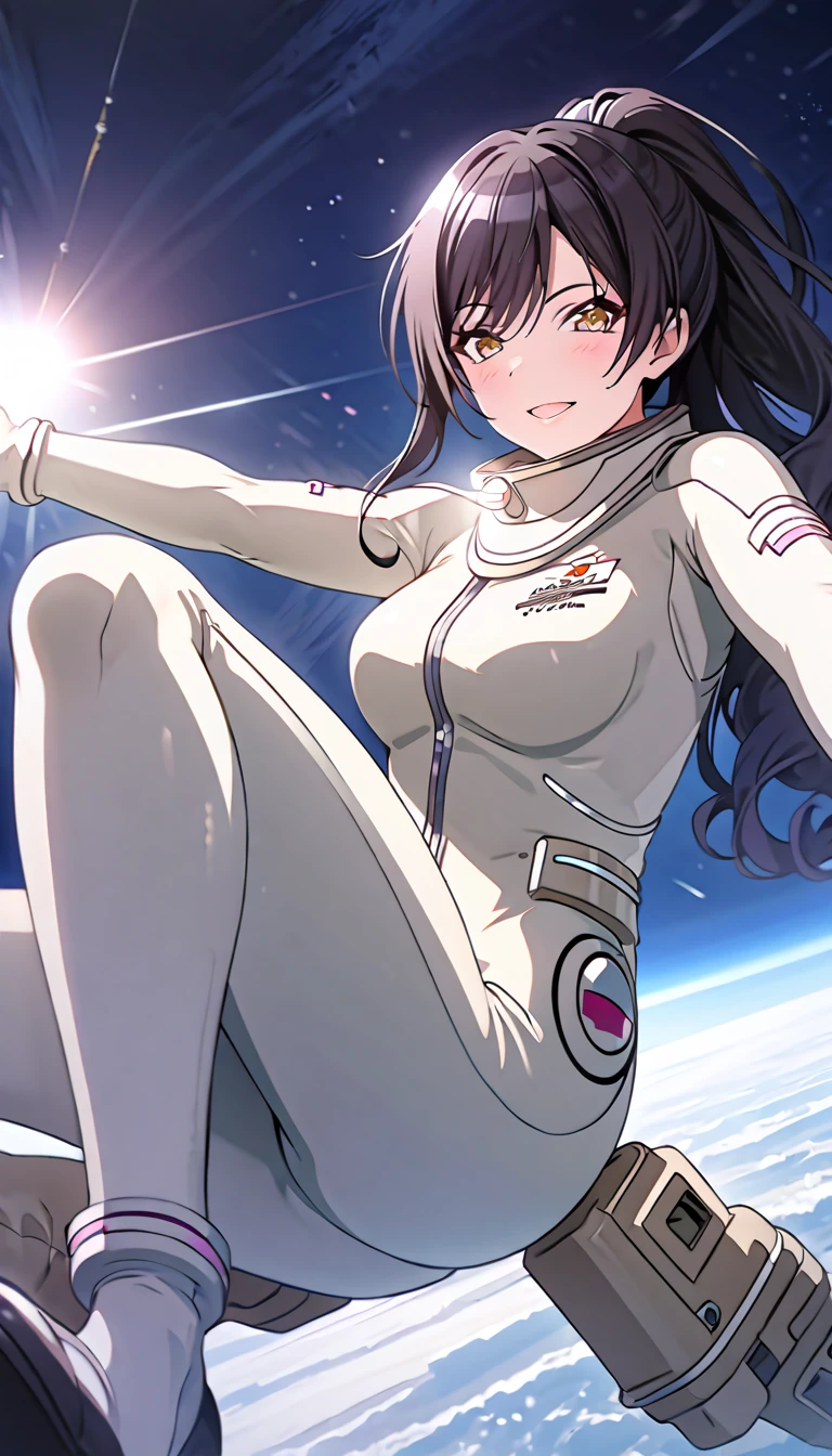 (spacesuit:1.15), white cargo pants, astronaut), white gloves, smiling, looking at the audience, outer space, floating, dynamic pose, alone, whole body, masterpiece, best quality, 1girl, beautiful, image from below, solo, ShiraseSakuya, very long hair, black hair, high ponytail, bangs, yellow eyes, large breasts
