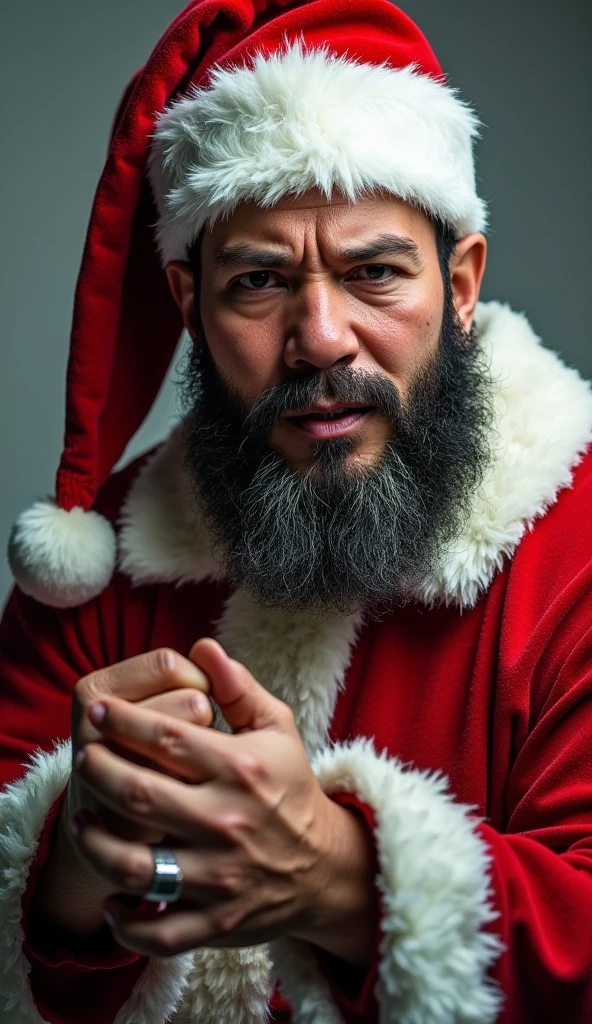 A aggressive professional full body head-to-toe photograph of a aggressive in Santa's costumeม highly detailed, detail libs, detail eyes, detail nose,