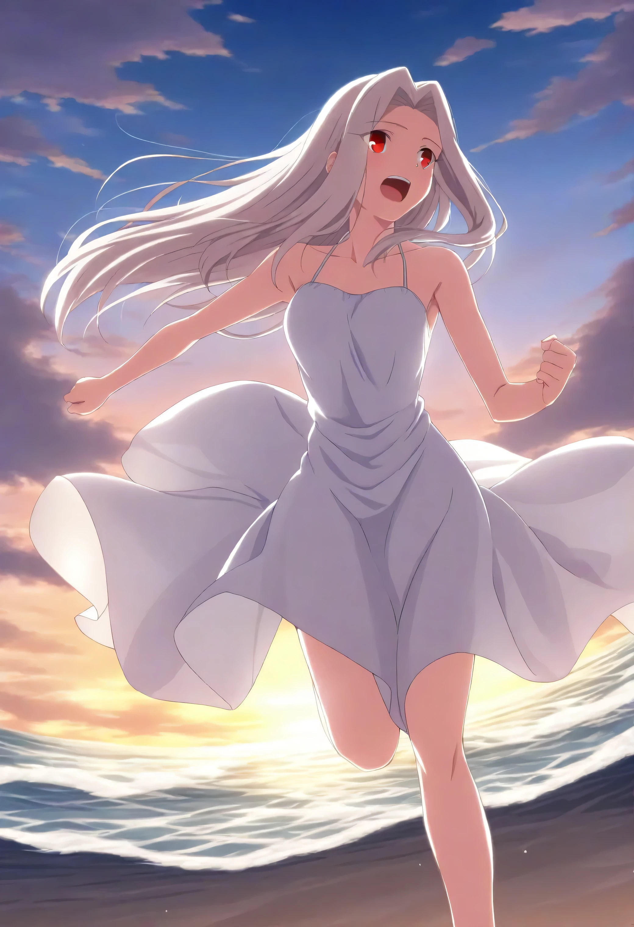 sysdeep_irisviel, white hair, red eyes, solo, summer sundress, beachside, running through waves, carefree laughter