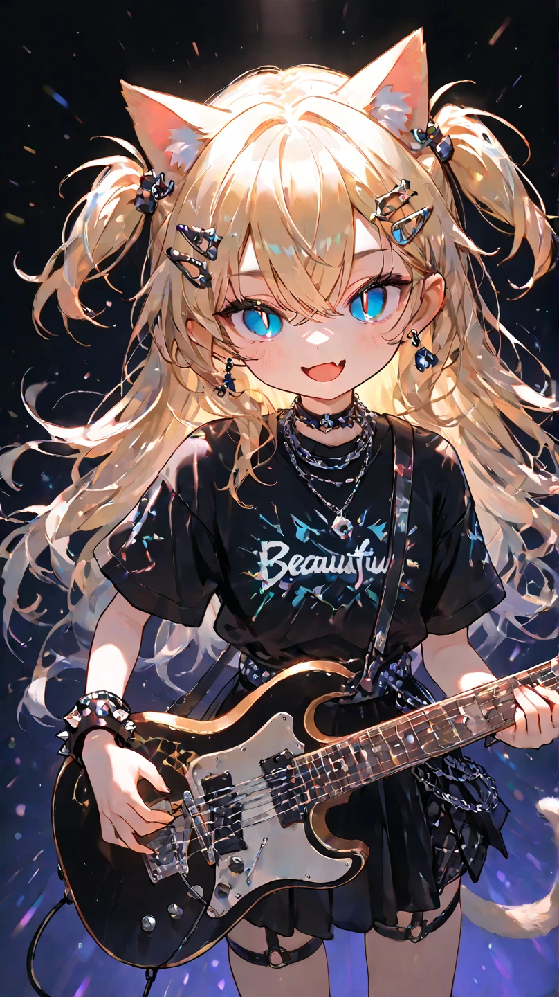 solo,1girl\(cute,small, young, (slit pupils), (blue pupils), (Beautiful detailed eye:1.6),Open mouth big,smile, skin fang, Gold Hair, Long Hair, two side up, Crossed bangs, Cat-ears, cat-tail, Earrings,Hair Clip,necklace, wrist spike, (hard Punk rock fashion), short skirt, dynamic pose, dynamic performance, holding cute electric guitar with stuffed toy strapped\),  dynamic angle, at live stage. masterpiece, best quality,motion blur