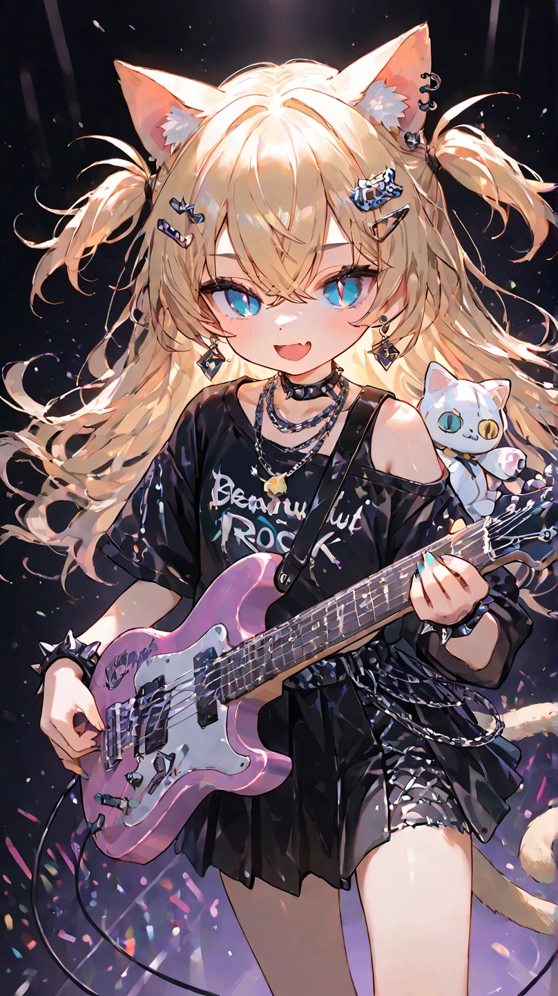 solo,1girl\(cute,small, young, (slit pupils), (blue pupils), (Beautiful detailed eye:1.6),Open mouth big,smile, skin fang, Gold Hair, Long Hair, two side up, Crossed bangs, Cat-ears, cat-tail, Earrings,Hair Clip,necklace, wrist spike, (hard Punk rock fashion), short skirt, dynamic pose, dynamic performance, holding cute electric guitar with stuffed toy strapped\),  dynamic angle, at live stage. masterpiece, best quality,motion blur