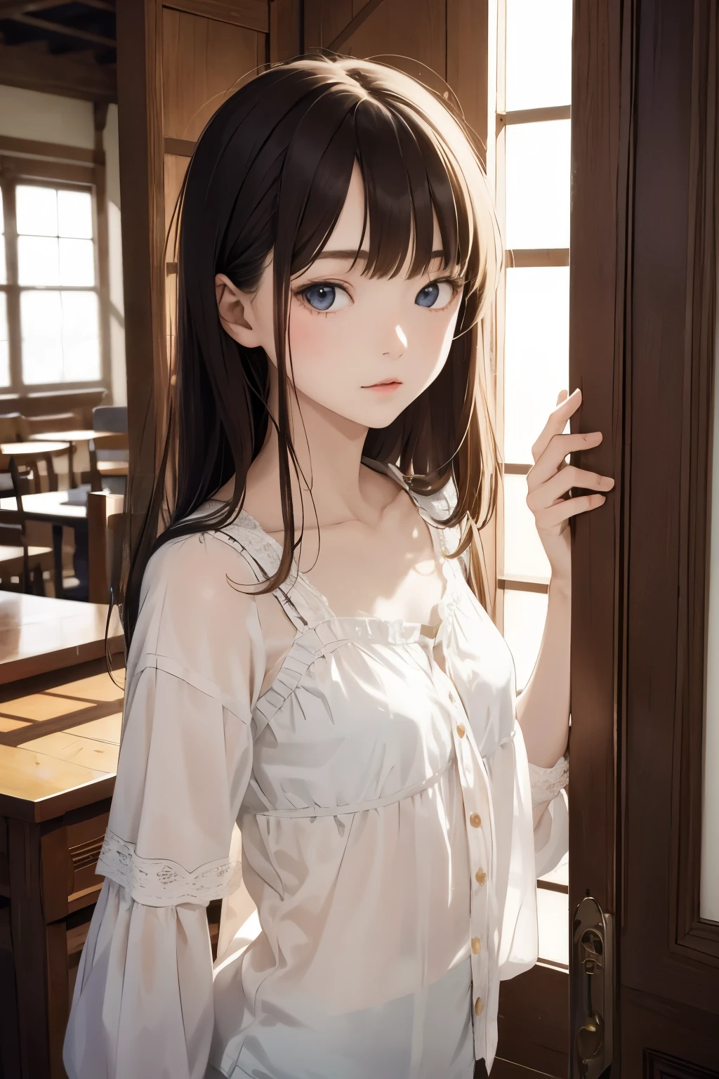 Anime girl with long hair and blue eyes standing in front of a door ...