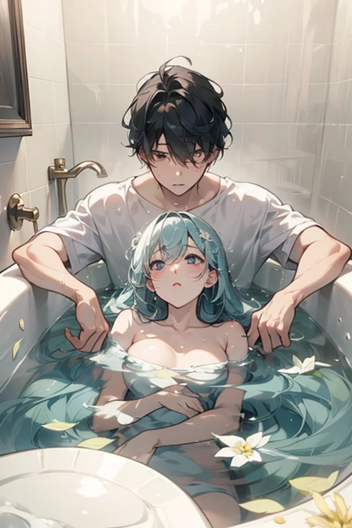 One man and one woman、male、 girl、naked、bath、 soak in the bathtub