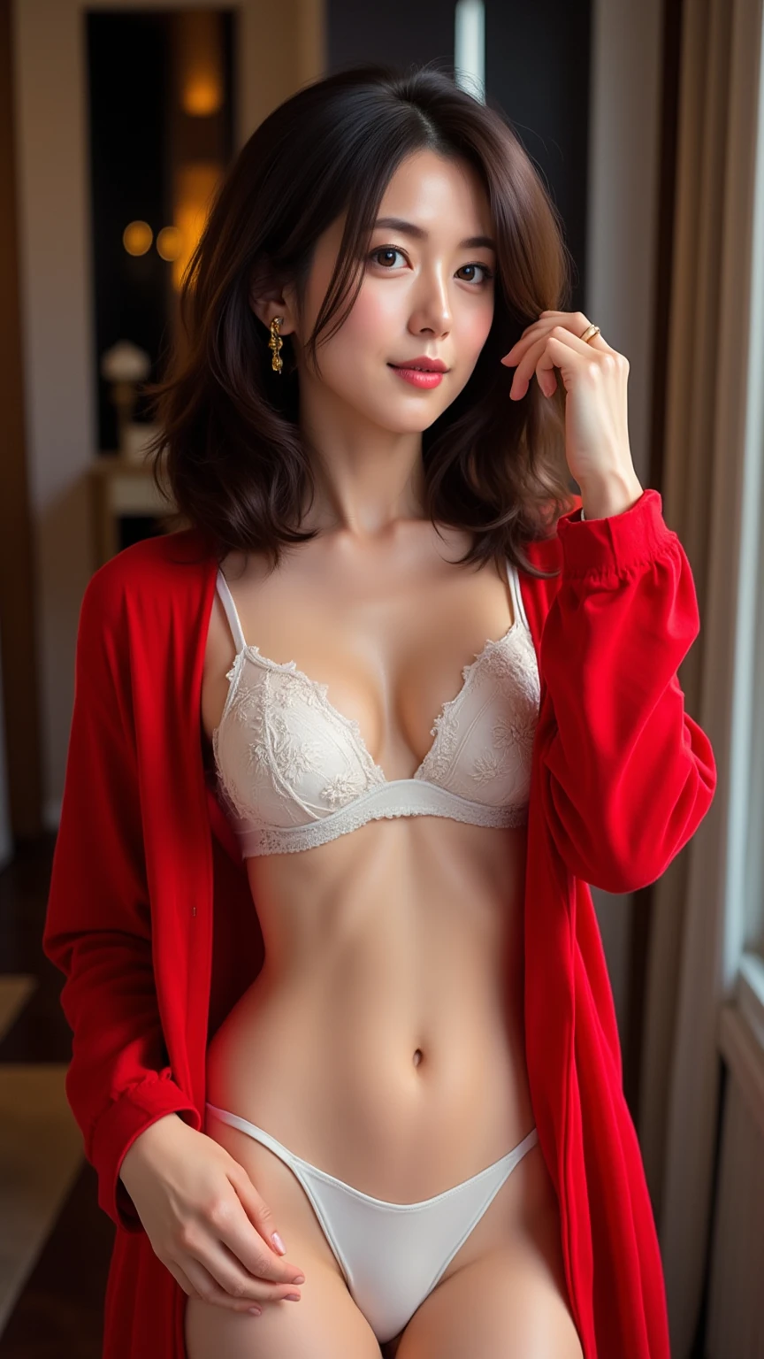 UHD, 16k, Masterpiece, top quality, global-illumination, ultra-realistic, Korean middle-aged woman,  ((  Shoulder-length loose wavy dark hair, red long-sleeve cardigan, white lace bralettes, low-rise panties, make-up highlights eyes and lips, gold earrings, soft-touching hair with one hand, comfortable and provocative poses, soft lighting  ))  ( surrealist background, High-contrast background production )
