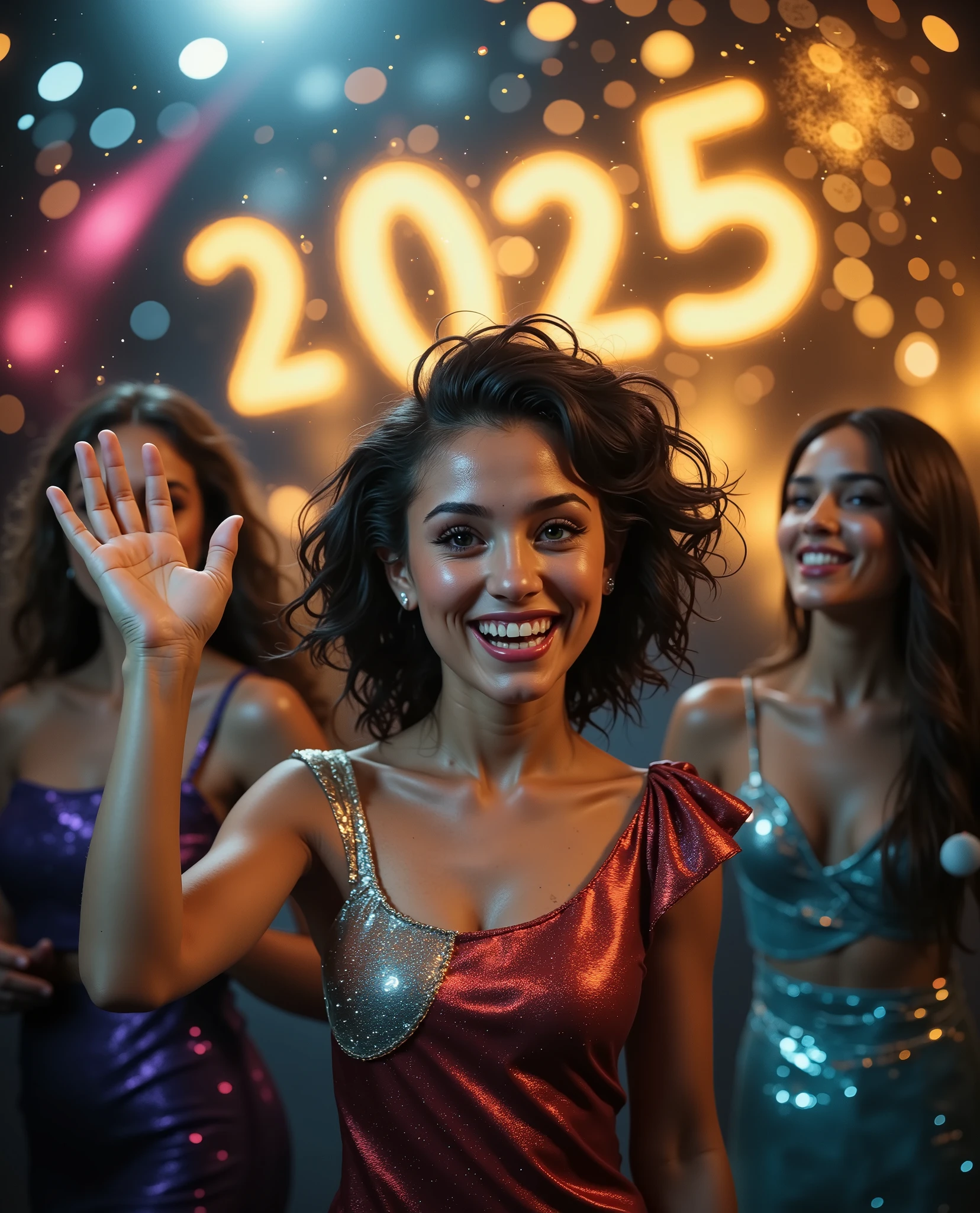 Create a highly detailed pop art-style illustration of a vibrant New Year’s Eve party featuring a group of young, pretty female partygoers, exuding energy and celebration. The illustration captures the dynamic moment of a lively countdown, with the glowing caption, ‘HAPPY NEW YEAR 2025,’ prominently displayed in bold, comic-style neon font at the top of the image.

The partygoers are dressed in playful, glamorous outfits, featuring bold colors, sequins, and metallic accents that pop against the dynamic background. Their expressions are full of excitement and joy—wide smiles, sparkling eyes, and hands raised mid-cheer as they throw colorful confetti into the air. Each character has a distinct, exaggerated charm in line with the pop art style, emphasizing their youthful energy and festive spirit.

The background bursts with vibrant halftone dots and graphic patterns in shades of gold, silver, pink, and black, mimicking the celebratory flair of a New Year’s Eve event. Balloons, streamers, and confetti float dynamically through the scene, while stylized fireworks and a glowing disco ball add extra movement and energy. The environment feels bold, colorful, and immersive, perfectly capturing the party atmosphere.

Lighting highlights the vibrant textures of the dresses, the shimmer of metallic surfaces, and the glow of the neon sign. Shadows and sharp lines add depth, while comic-inspired bold outlines give the illustration a dynamic, retro aesthetic. The composition blends humor, celebration, and style into a striking and joyful pop art image that brings the New Year’s energy to life.