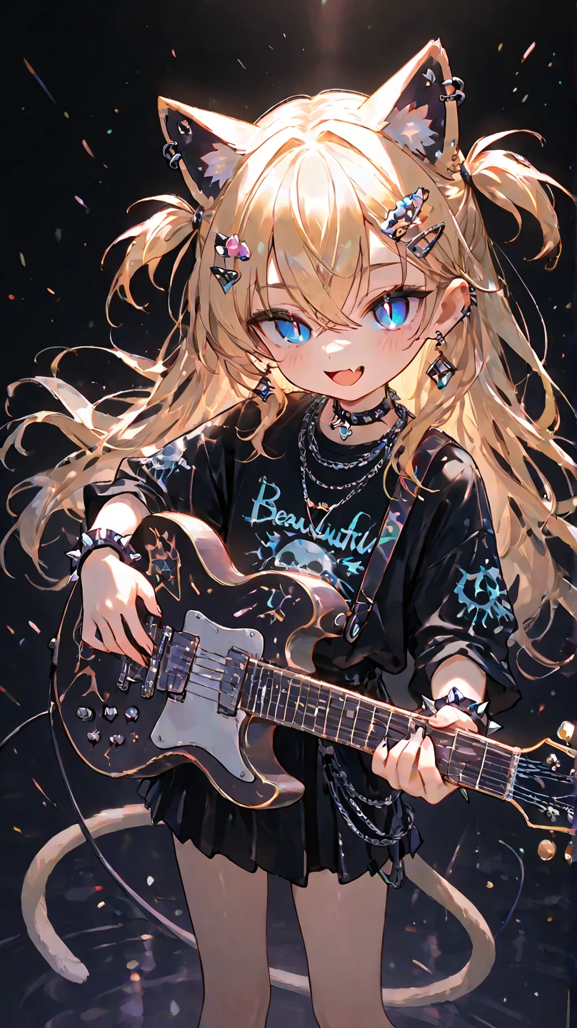 solo,1girl\(cute,small, young, (slit pupils), (blue pupils), (Beautiful detailed eye:1.6),Open mouth big,smile, skin fang, Gold Hair, Long Hair, two side up, Crossed bangs, Cat-ears, cat-tail, Earrings,Hair Clip,necklace, wrist spike, (hard Punk rock fashion), short skirt, dynamic pose, dynamic performance, holding cute electric guitar\(stuffed toy strapped\)\),  dynamic angle, at live stage. masterpiece, best quality,motion blur,dynamic camera work,movie cap