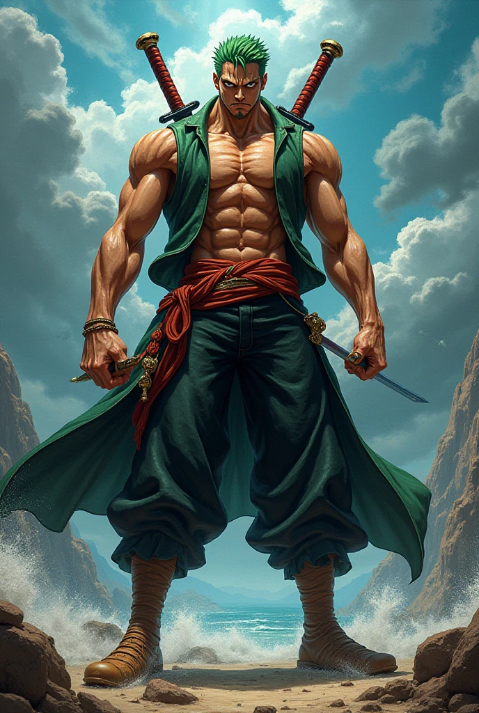 (masterpiece, better quality: 1.2), cowboy shooting, alone, Male focus, First grader, Roronoa zoro, scar, muscular man, To smile, looking at the viewer, (Second knife flow: 1.2) knife, arm in arm, kimono, green kimono (((master part+highest quality+High resolution+super detailed))), Zoro\(one piece\), high nose, clear eyes, perfect eyes, noble and inviolable temperament, (([masculine]: 1.2 + [May]: 1.2 + green hair: 1.2)), pirate ship background, (one piece), Roronoa zoro, green hair cut, cowboy shooting, scar in the eye, muscular male, (Second knife flow:1.2), knife, arm in arm, kimono, green kimono, Dynamic angles and postures.
name: Roronoa zoro Idade: 2 height: 1,Weight 81m: 78kg Place of origin: east blue, Physical Description: Zoro is a skilled swordsman with a distinctive appearance. He has unkempt green hair and three scars over his left eye., This is the result of your rigorous training.. His athletic ability and toned muscles、reflects his strength and physical ability。. He usually、He is seen wearing an open shirt and green pants, Not only does he carry three swords on his back,、. Personality: Zoro is known for his serious and determined nature. Highly loyal to friends、I&#39;m willing to risk my life to protect my friends.。. His constant quest to become the strongest swordsman in the world、Often leads to intense training and challenging powerful opponents。. Despite its intimidating appearance, Zoro has a dry sense of humor and often engages in funny moments with his teammates.
