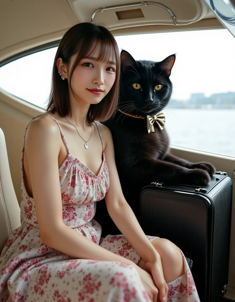 ultra-realistic, photorealistic, dramatic scene, shadow, global-illumination, solo, 1 girl\( 20 years old Japanese beautiful girl, beautiful with cute face, wearing a cute patterned one-piece dress with long skirt, pastel camisole, shoulder-length brown hair, accessories, simple sneaker, elegant hat\), 1 human-like giant black cat\( human-like giant black cat, bow tie, wearing a conservative aloha-shirt, slight taller than the girl, with her, wearing an dark colored aloha-shirt, holding a large suits case, little chubby\), the girl and human-like giant black cat are sitting at the cockpit of the latest stylish private flying boat moored at the private seaplane port, the cat is piloting a latest flying boat with single propeller, monoplane