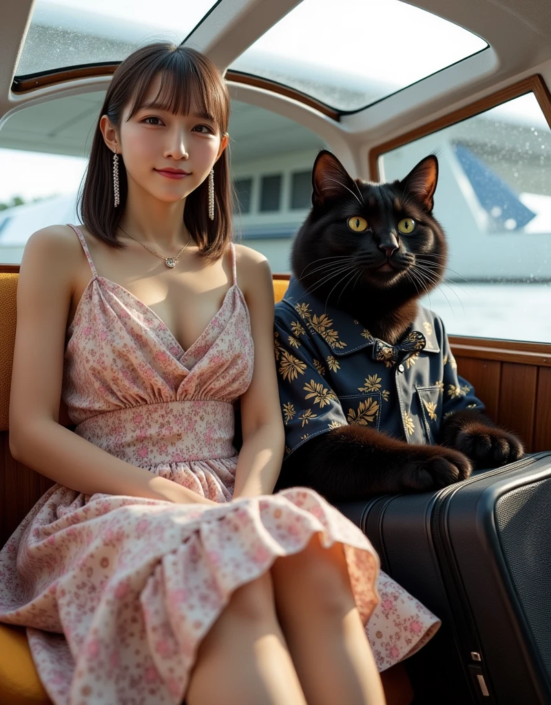 ultra-realistic, photorealistic, dramatic scene, shadow, global-illumination, solo, 1 girl\( 20 years old Japanese beautiful girl, beautiful with cute face, wearing a cute patterned one-piece dress with long skirt, pastel camisole, shoulder-length brown hair, accessories, simple sneaker, elegant hat\), 1 human-like giant black cat\( human-like giant black cat, bow tie, wearing a conservative aloha-shirt, slight taller than the girl, with her, wearing an dark colored aloha-shirt, holding a large suits case, little chubby\), the girl and human-like giant black cat are sitting at the cockpit of the latest stylish private flying boat moored at the private seaplane port, the cat is piloting a latest flying boat with single propeller, monoplane