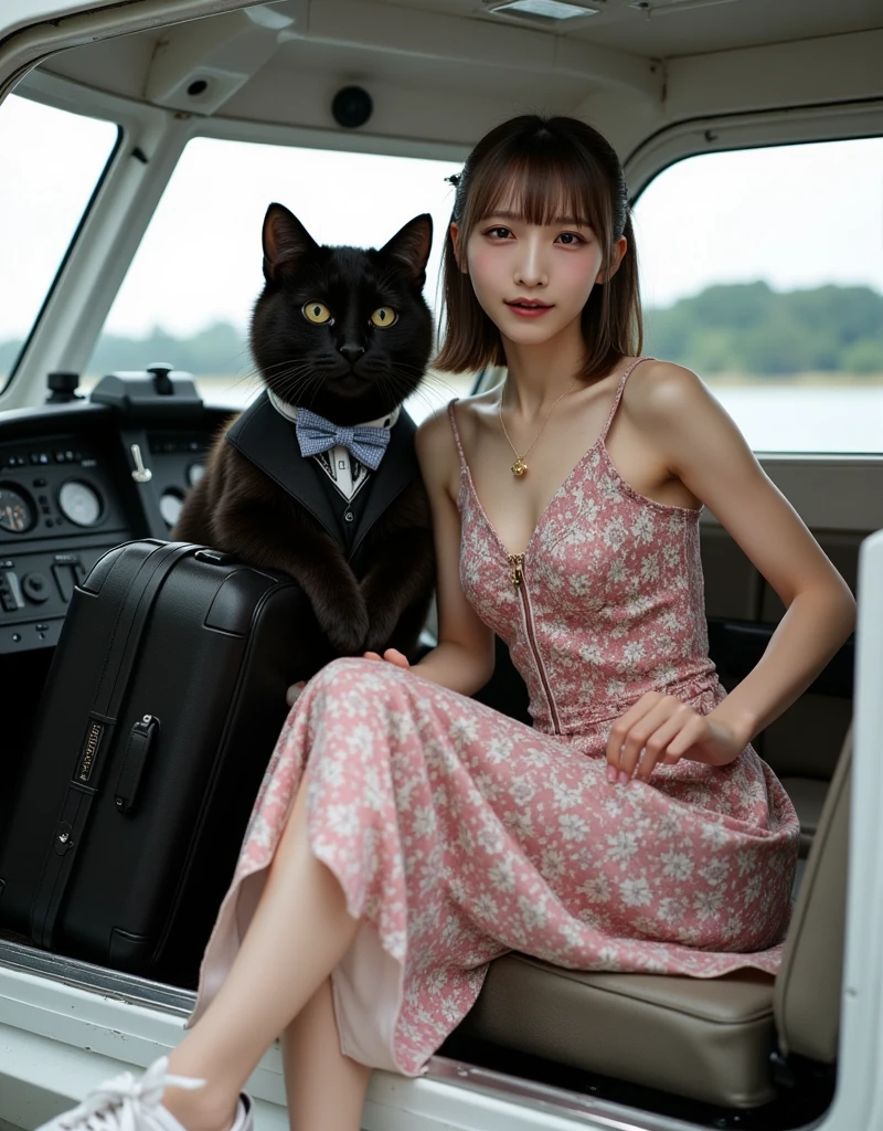 ultra-realistic, photorealistic, dramatic scene, shadow, global-illumination, solo, 1 girl\( 20 years old Japanese beautiful girl, beautiful with cute face, wearing a cute patterned one-piece dress with long skirt, pastel camisole, shoulder-length brown hair, accessories, simple sneaker, elegant hat\), 1 human-like giant black cat\( human-like giant black cat, bow tie, wearing a conservative aloha-shirt, slight taller than the girl, with her, wearing an dark colored aloha-shirt, holding a large suits case, little chubby\), the girl and human-like giant black cat are sitting at the cockpit of the latest stylish private flying boat moored at the private seaplane port, the cat is piloting a latest flying boat with single propeller, monoplane