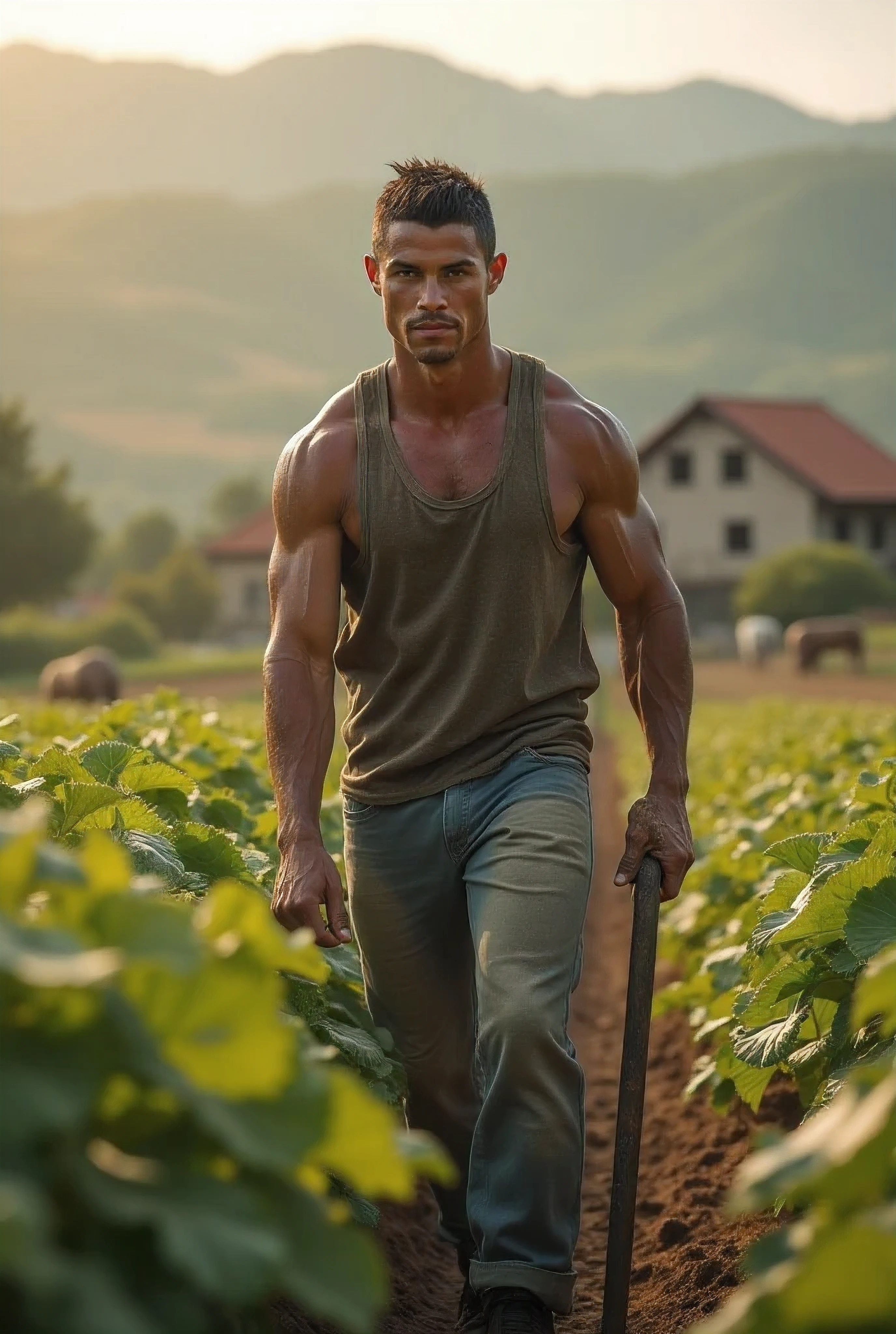 Image: The young white 1 student (man) works in a construction site, with a shovel in his hand and sweat running down his face. A scorching sun and the noise of tools are seen. In the background, A school can be seen in the distance.. that the image is wide