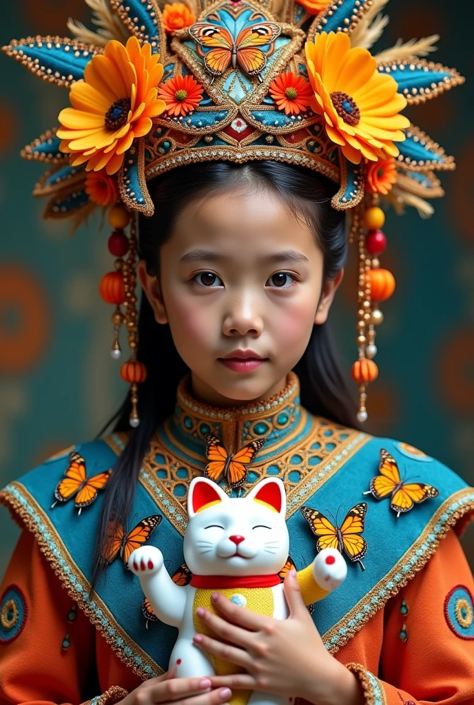 Magazine fashion photography, full body shot of a Chinese baby, Playful, exaggerated expressions,a Chinese beautiful baby in gorgeous Hanfu, wearing a Chinese gorgeous lion head on her head, big eyes, 5 years old, Sikkim red blue,red background, minimalism, Surrealism, master works, fine details