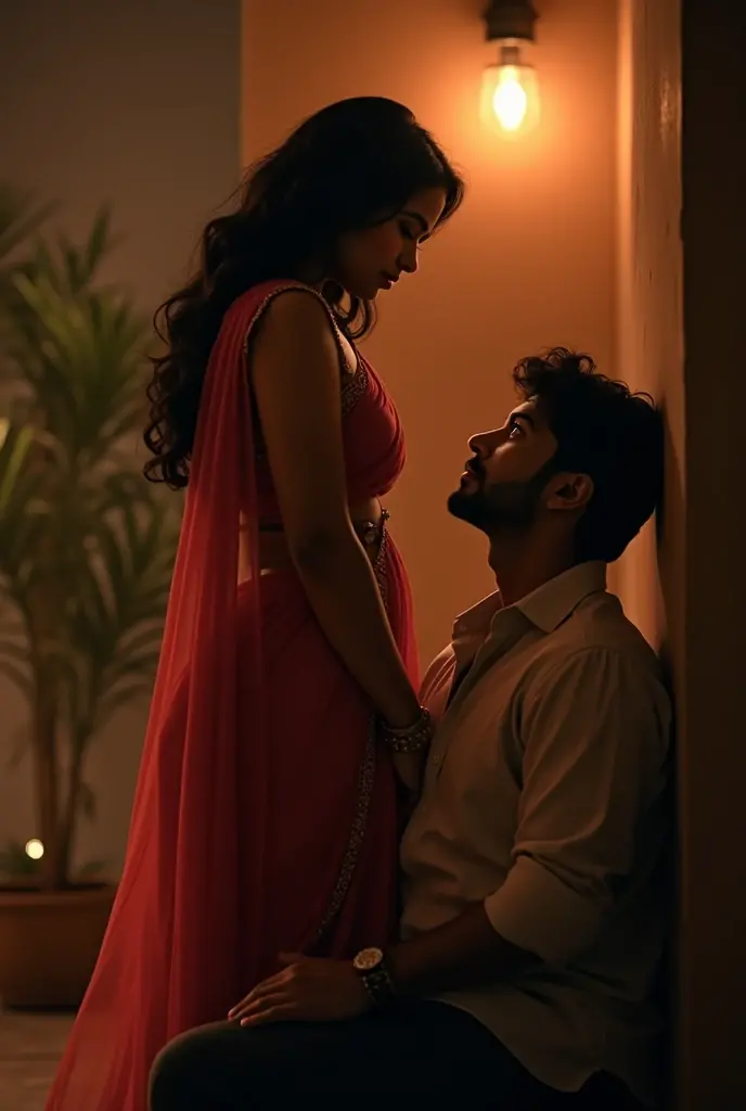 There is a 20-year-old Indian girl she is red wearing a lehenga and is sitting on her boyfriend's lap and is absolutely passionate